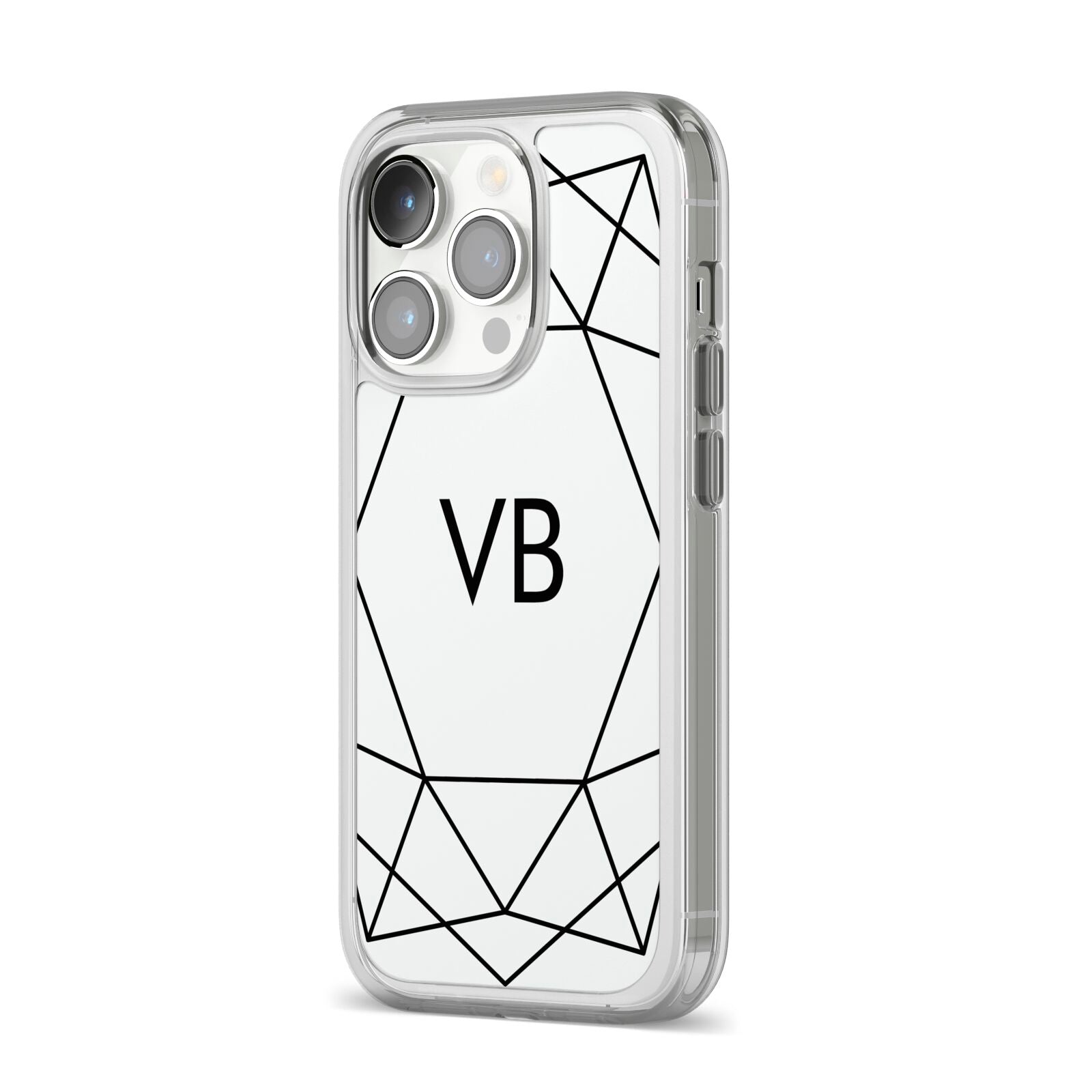 Personalised Initials White Geometric iPhone 14 Pro Clear Tough Case Silver Angled Image