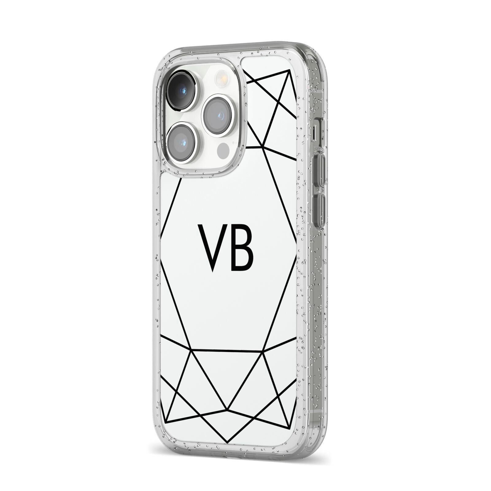 Personalised Initials White Geometric iPhone 14 Pro Glitter Tough Case Silver Angled Image