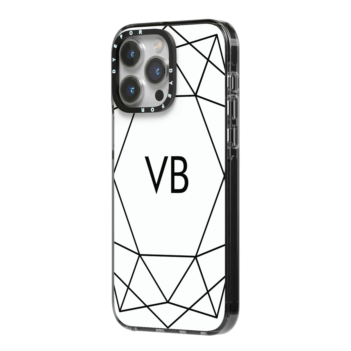 Personalised Initials White Geometric iPhone 14 Pro Max Black Impact Case Side Angle on Silver phone