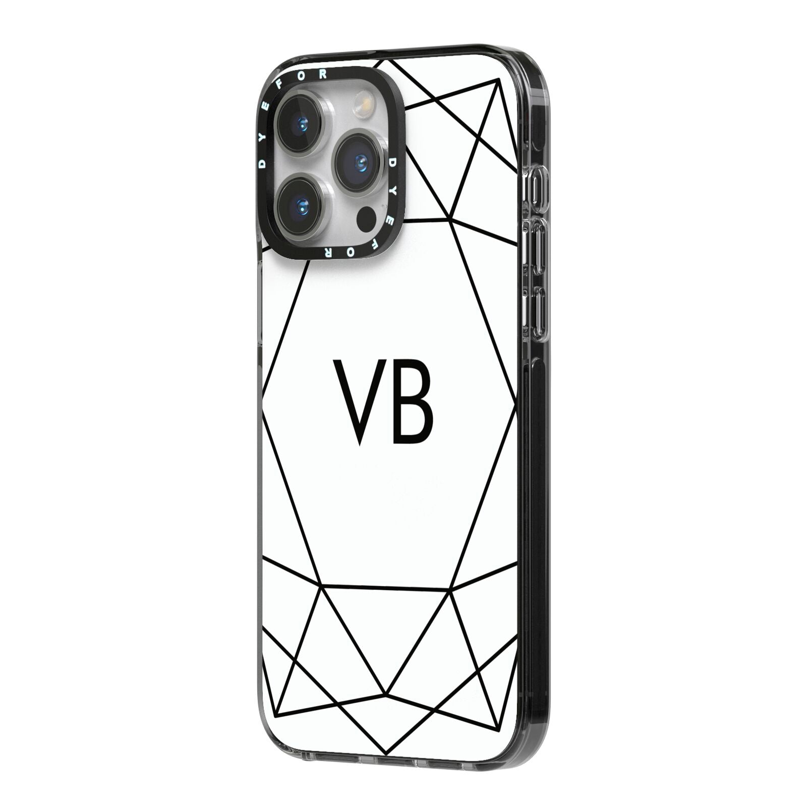 Personalised Initials White Geometric iPhone 14 Pro Max Black Impact Case Side Angle on Silver phone