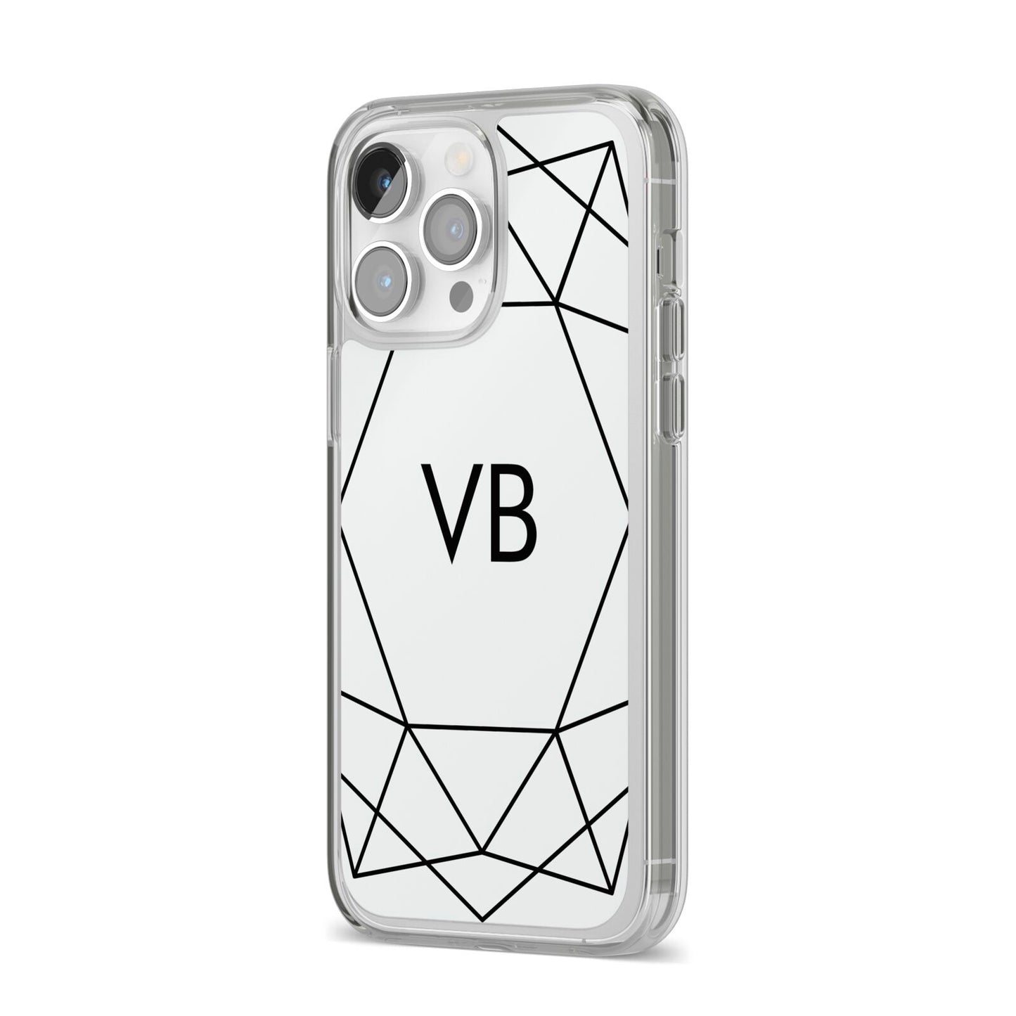 Personalised Initials White Geometric iPhone 14 Pro Max Clear Tough Case Silver Angled Image