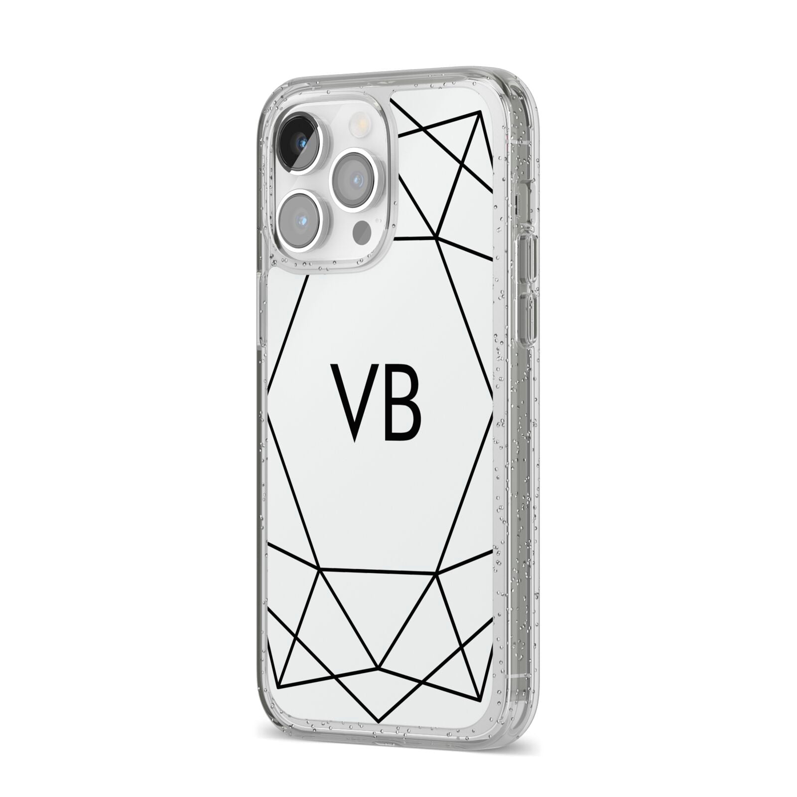 Personalised Initials White Geometric iPhone 14 Pro Max Glitter Tough Case Silver Angled Image