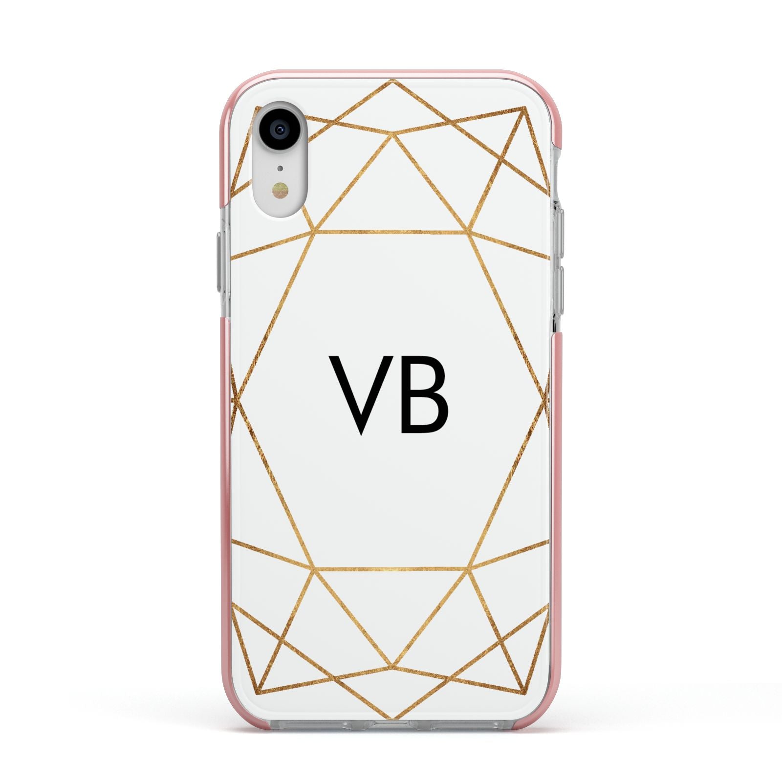 Personalised Initials White Gold Geometric Apple iPhone XR Impact Case Pink Edge on Silver Phone