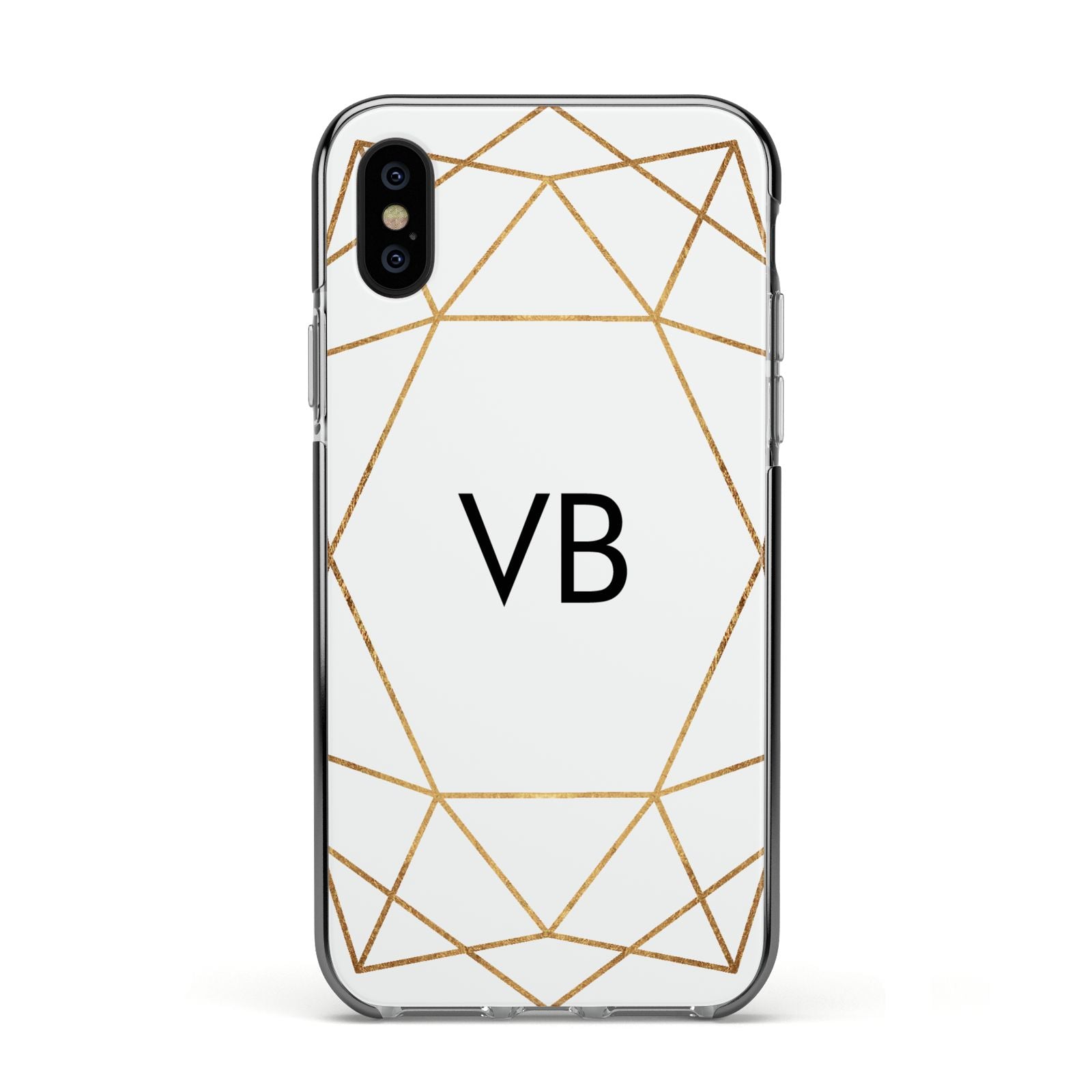 Personalised Initials White Gold Geometric Apple iPhone Xs Impact Case Black Edge on Black Phone