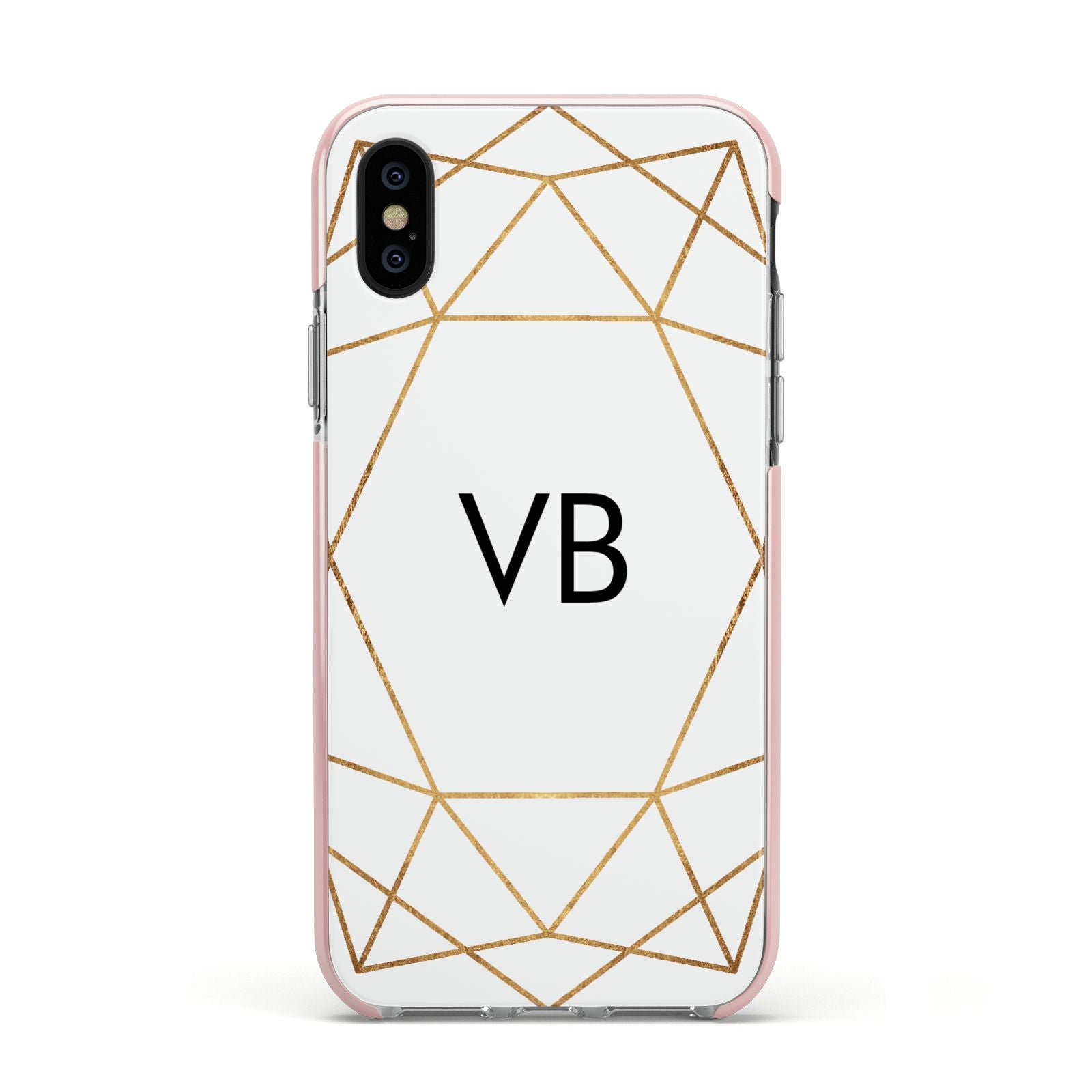 Personalised Initials White Gold Geometric Apple iPhone Xs Impact Case Pink Edge on Black Phone