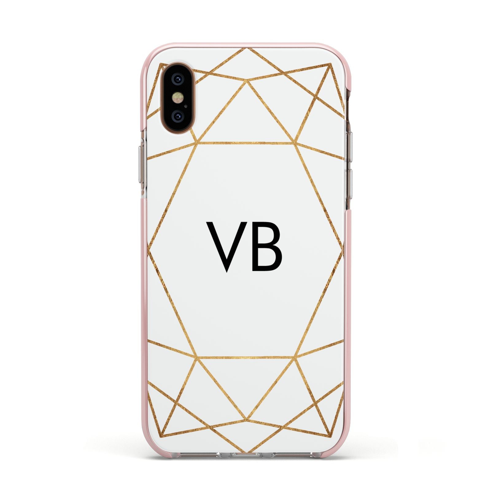 Personalised Initials White Gold Geometric Apple iPhone Xs Impact Case Pink Edge on Gold Phone