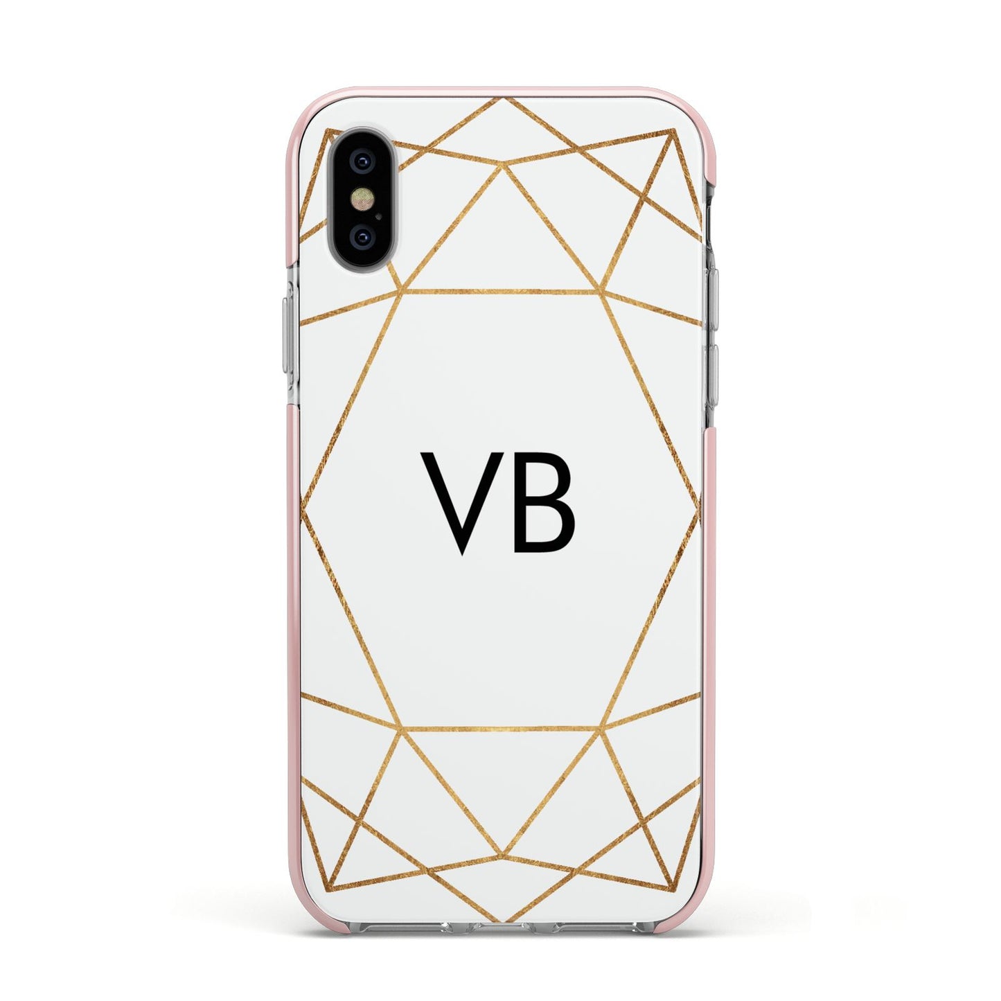 Personalised Initials White Gold Geometric Apple iPhone Xs Impact Case Pink Edge on Silver Phone