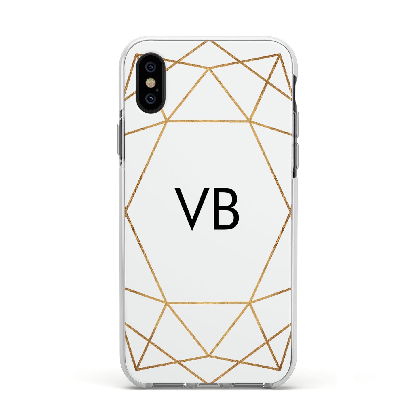 Personalised Initials White Gold Geometric Apple iPhone Xs Impact Case White Edge on Black Phone