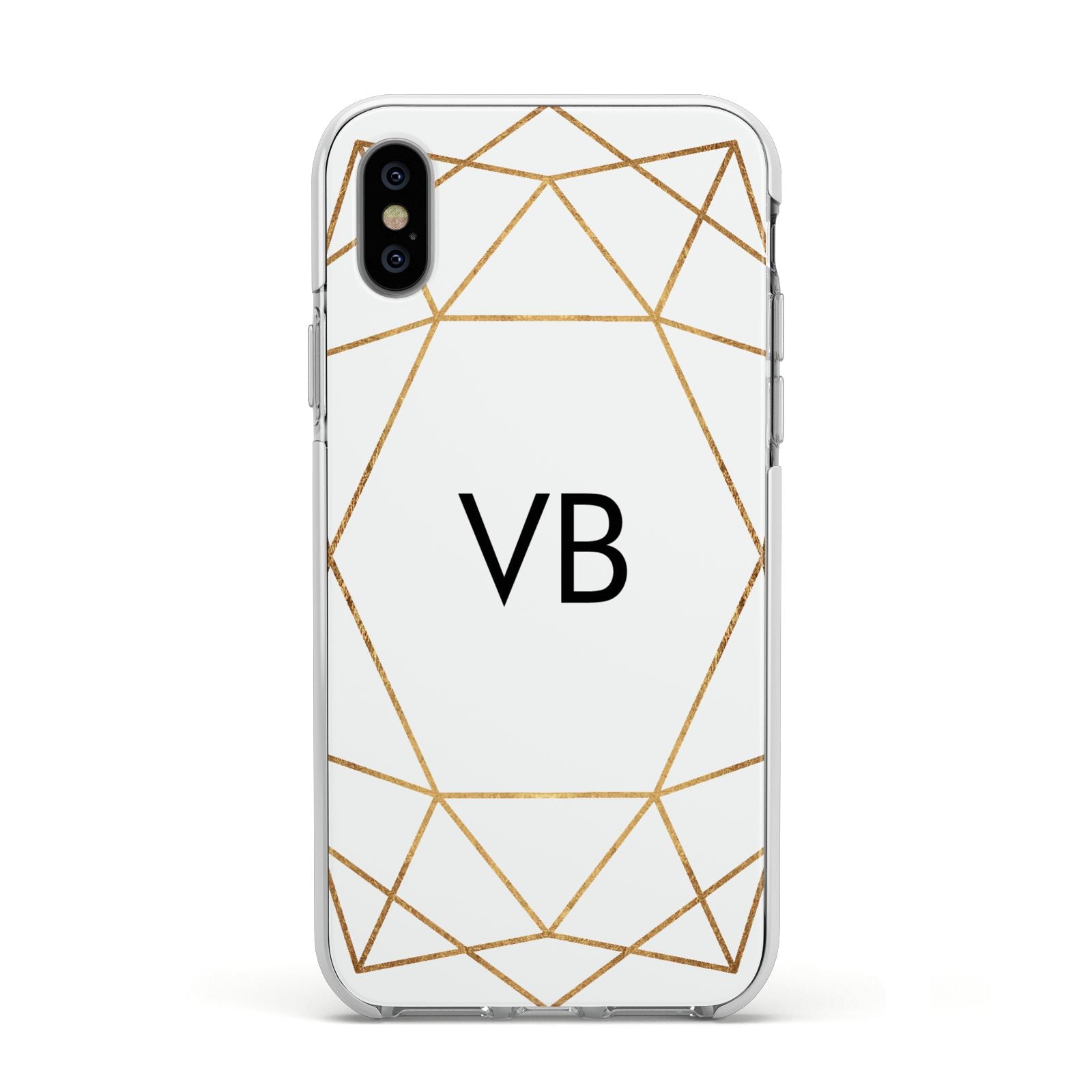 Personalised Initials White Gold Geometric Apple iPhone Xs Impact Case White Edge on Silver Phone