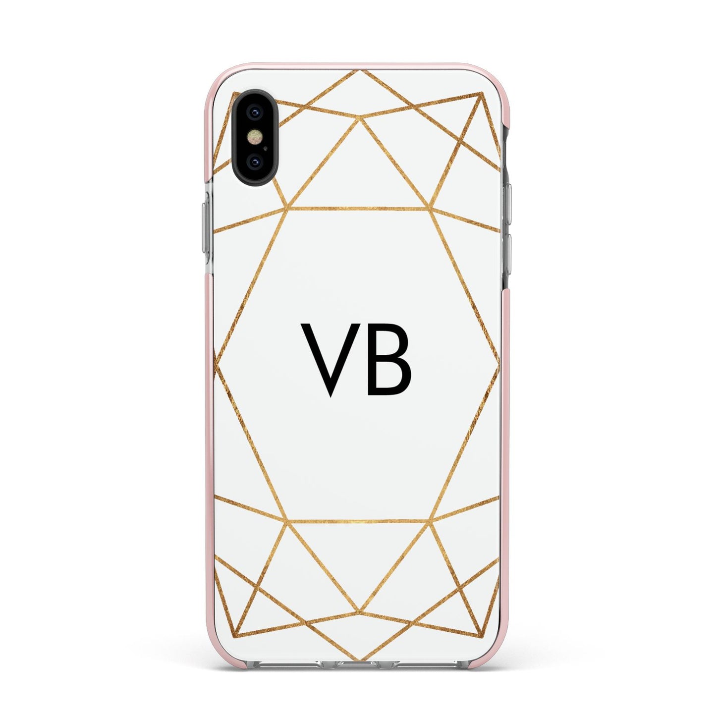 Personalised Initials White Gold Geometric Apple iPhone Xs Max Impact Case Pink Edge on Black Phone