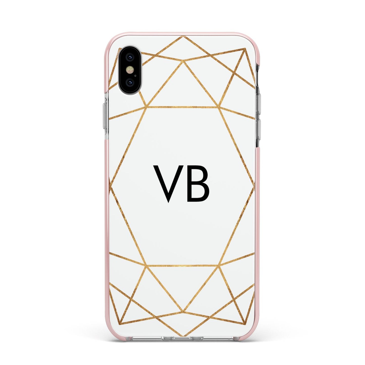 Personalised Initials White Gold Geometric Apple iPhone Xs Max Impact Case Pink Edge on Silver Phone