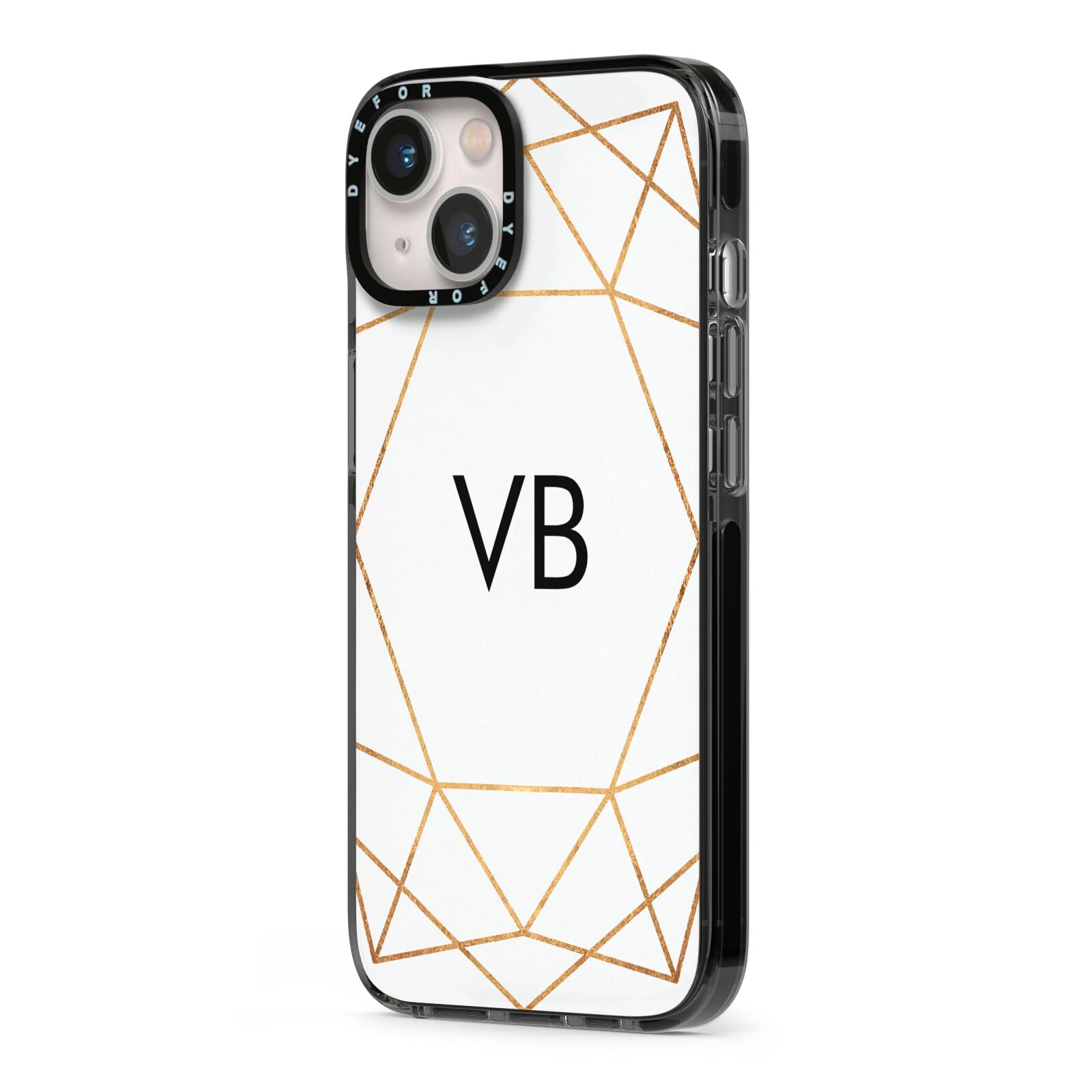 Personalised Initials White Gold Geometric iPhone 13 Black Impact Case Side Angle on Silver phone