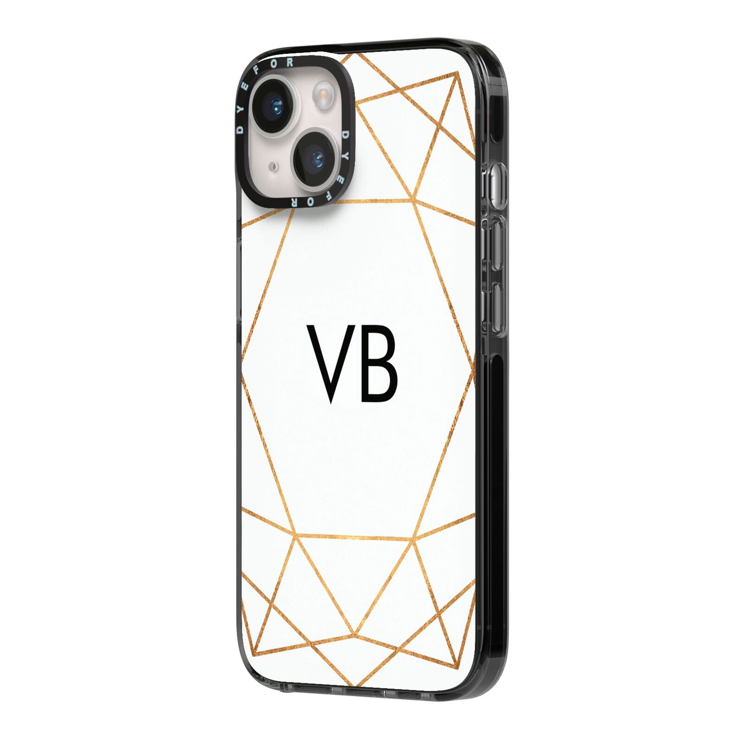 Personalised Initials White Gold Geometric iPhone 14 Black Impact Case Side Angle on Silver phone