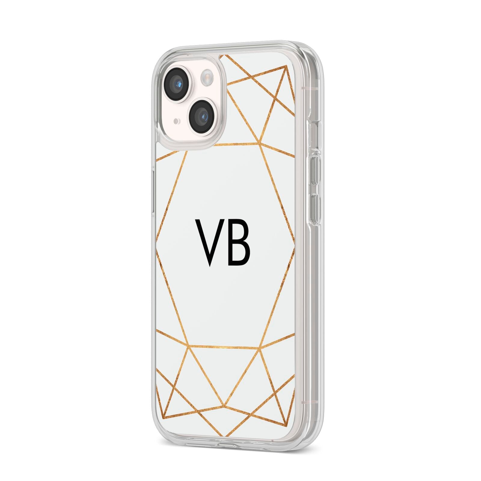 Personalised Initials White Gold Geometric iPhone 14 Clear Tough Case Starlight Angled Image