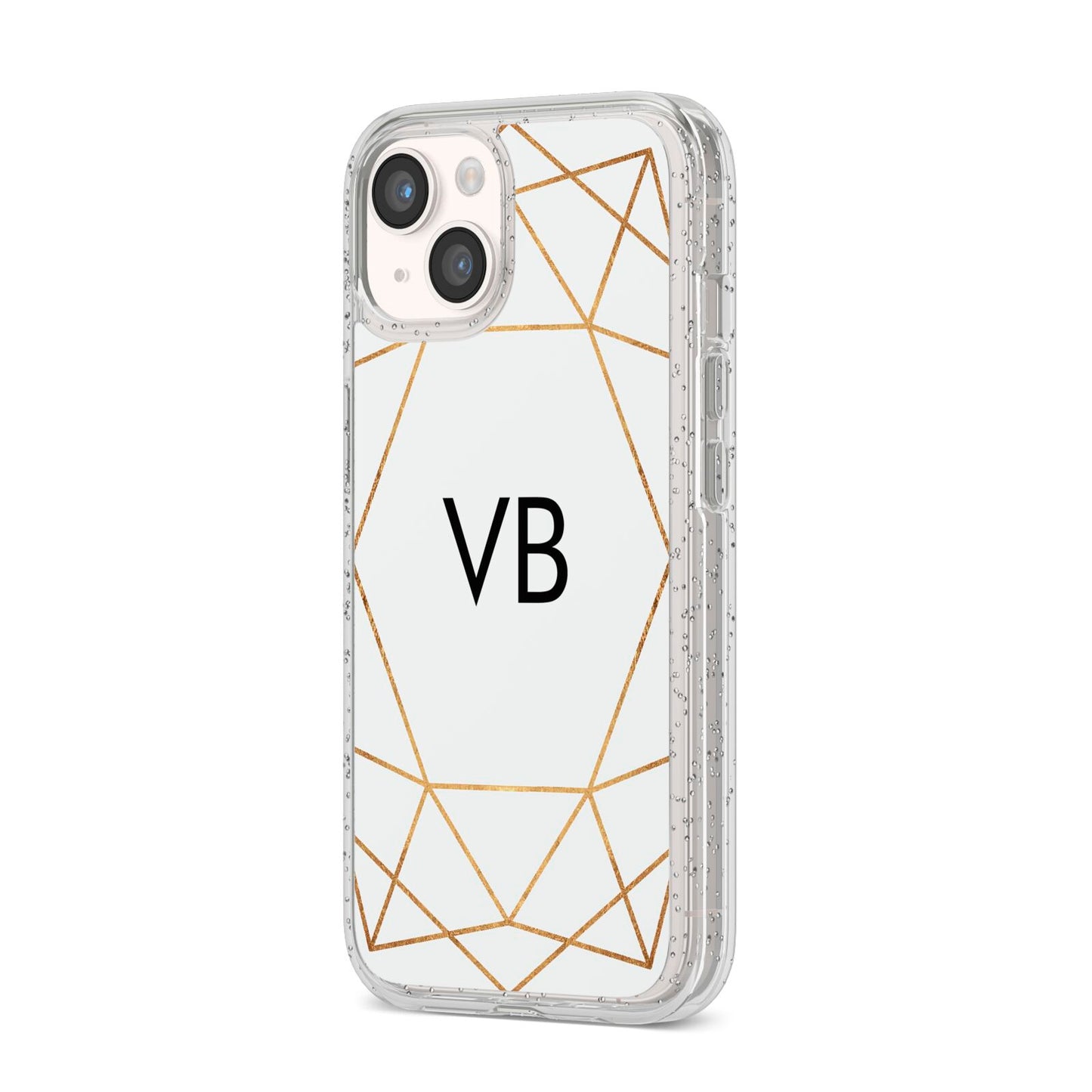 Personalised Initials White Gold Geometric iPhone 14 Glitter Tough Case Starlight Angled Image