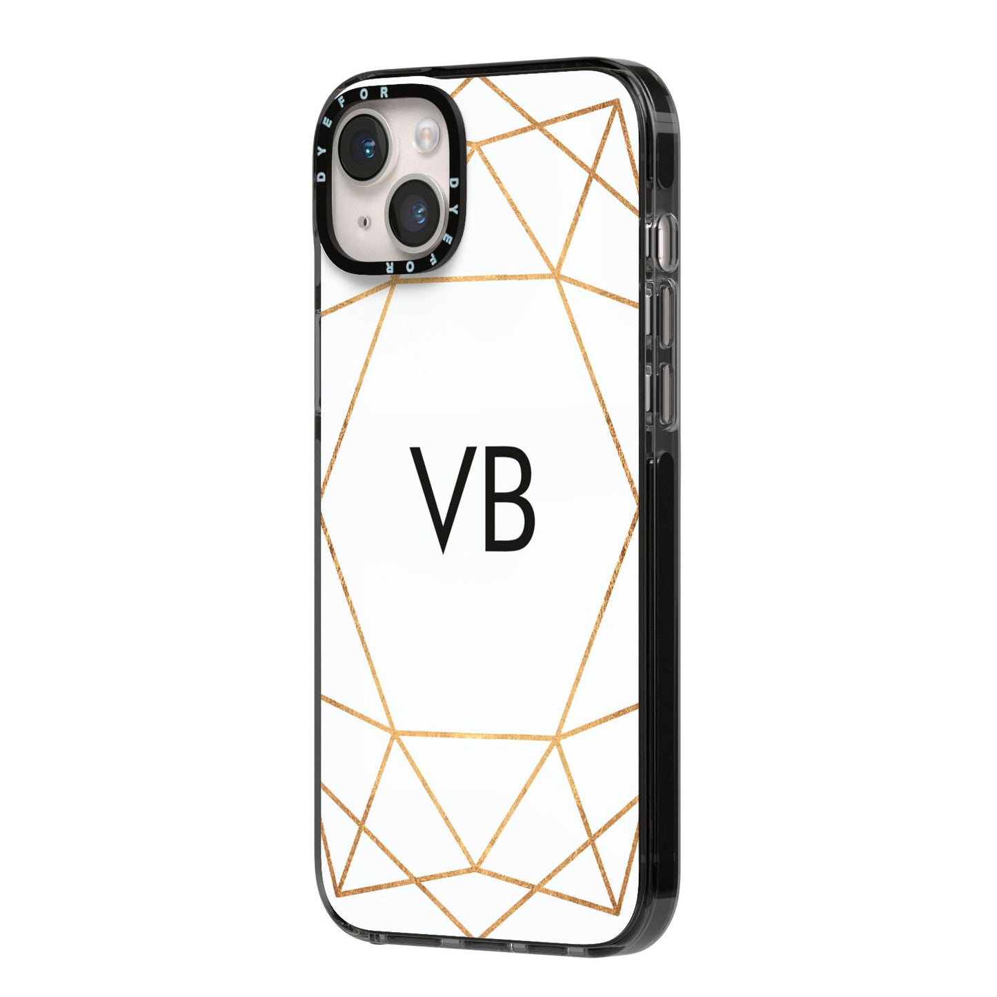 Personalised Initials White Gold Geometric iPhone 14 Plus Black Impact Case Side Angle on Silver phone