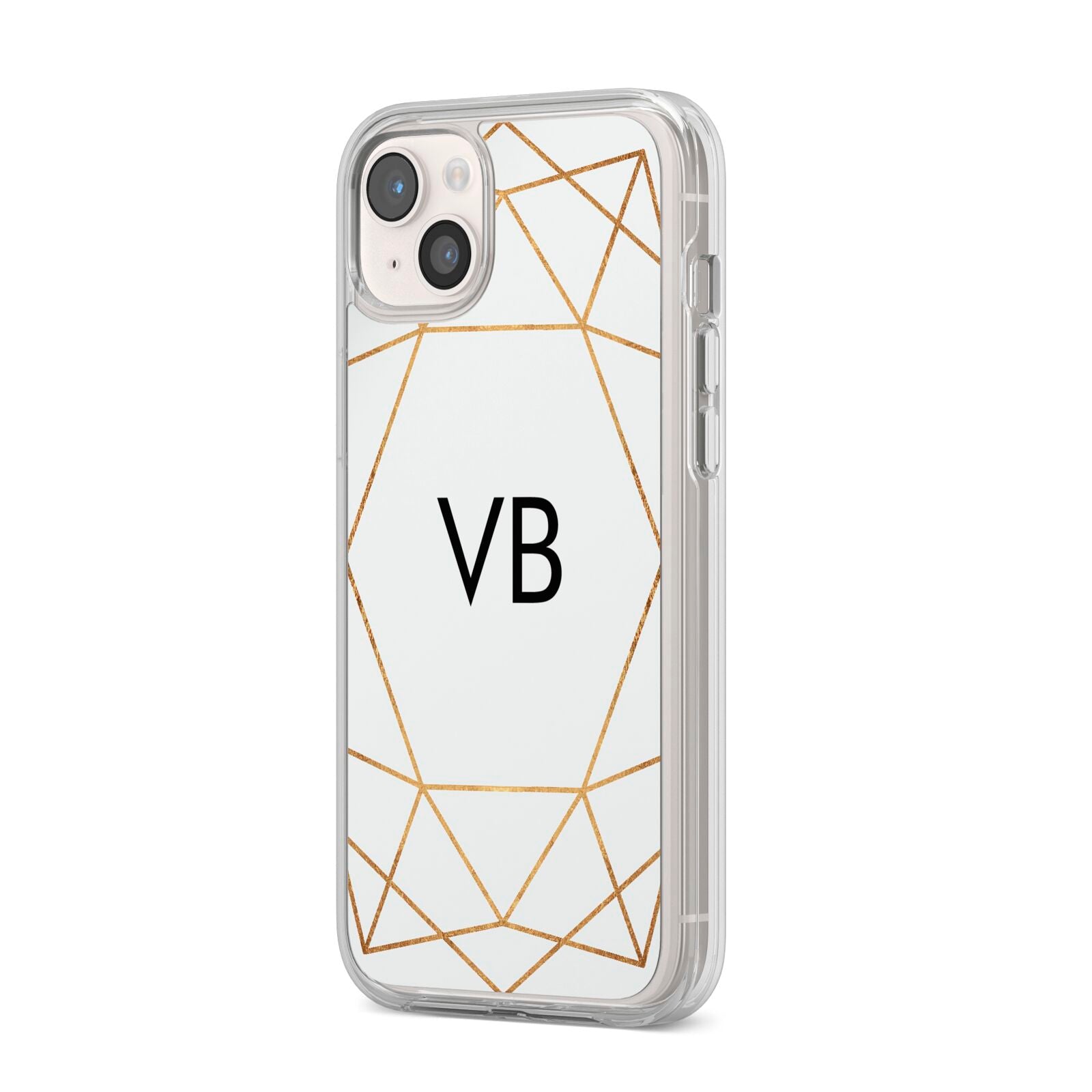 Personalised Initials White Gold Geometric iPhone 14 Plus Clear Tough Case Starlight Angled Image