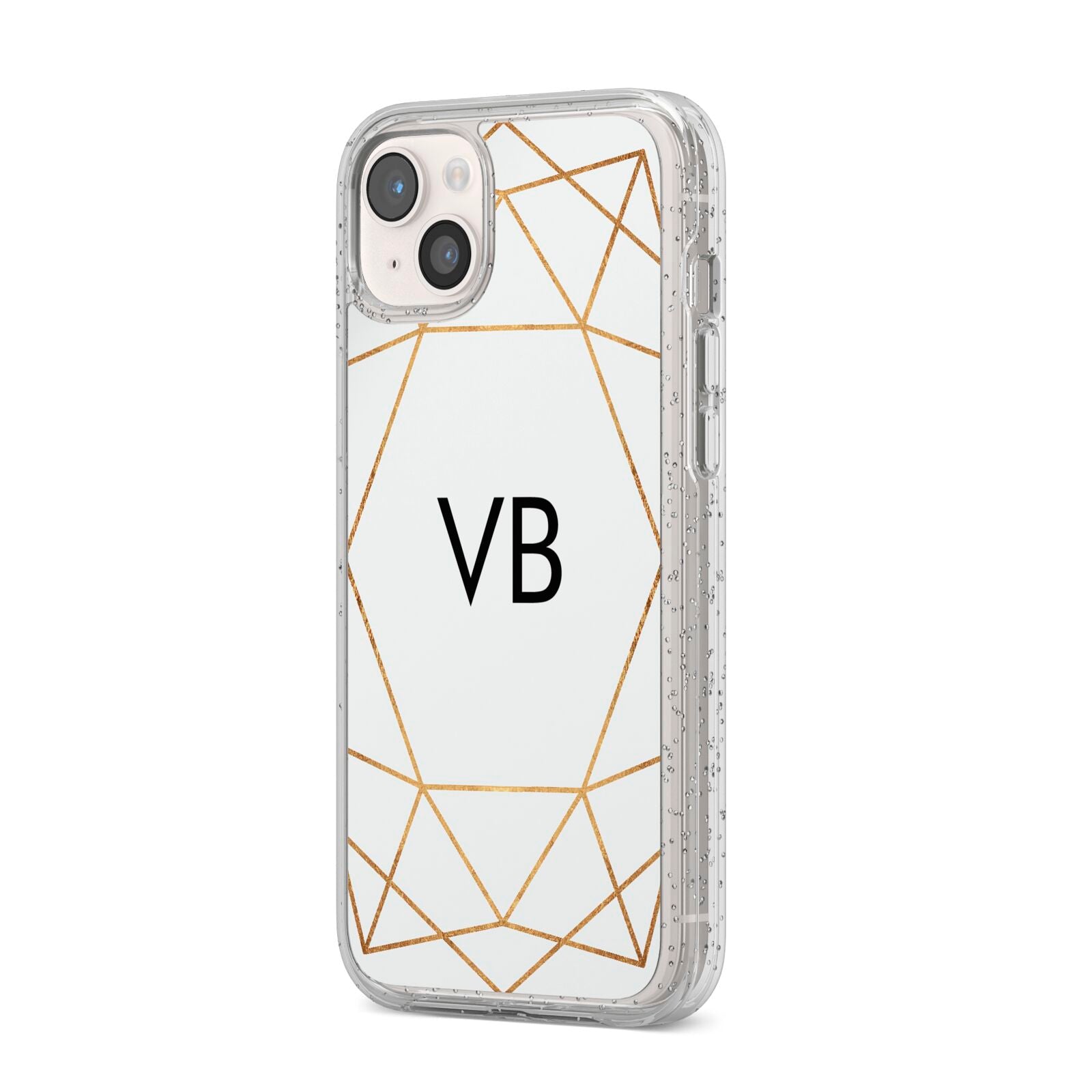 Personalised Initials White Gold Geometric iPhone 14 Plus Glitter Tough Case Starlight Angled Image