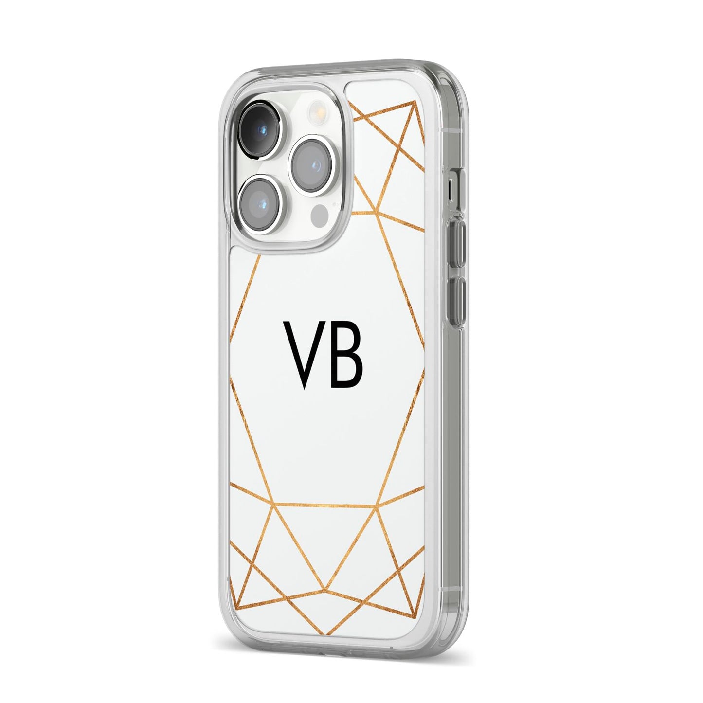 Personalised Initials White Gold Geometric iPhone 14 Pro Clear Tough Case Silver Angled Image