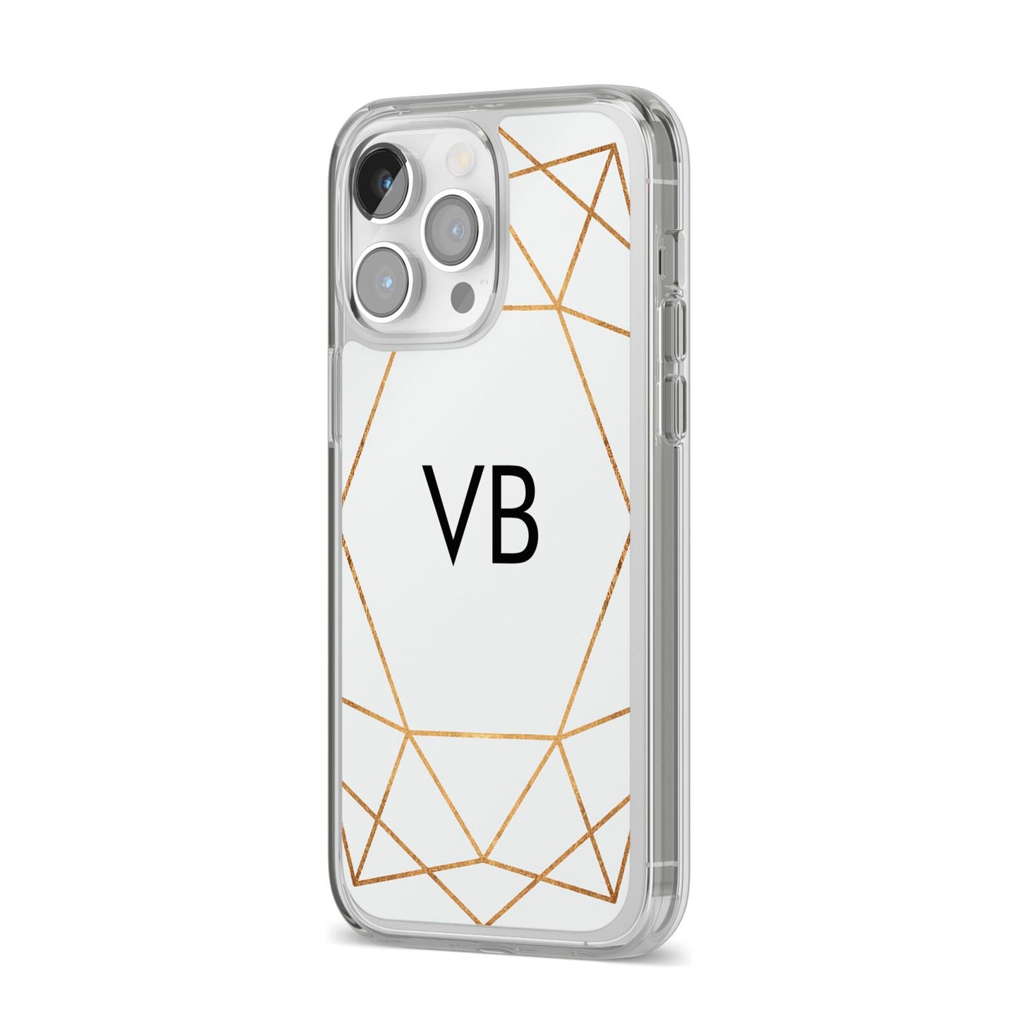 Personalised Initials White Gold Geometric iPhone 14 Pro Max Clear Tough Case Silver Angled Image