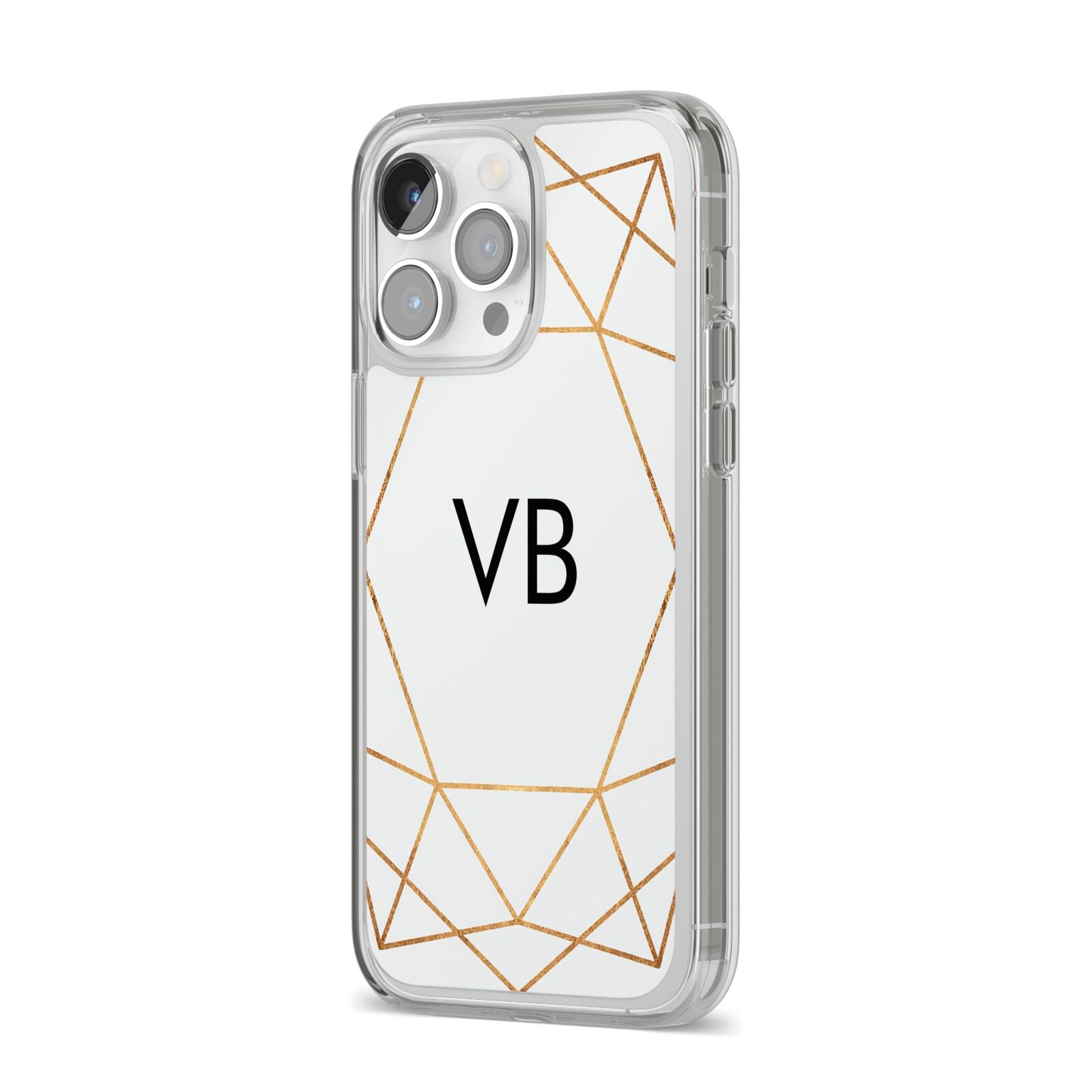 Personalised Initials White Gold Geometric iPhone 14 Pro Max Clear Tough Case Silver Angled Image