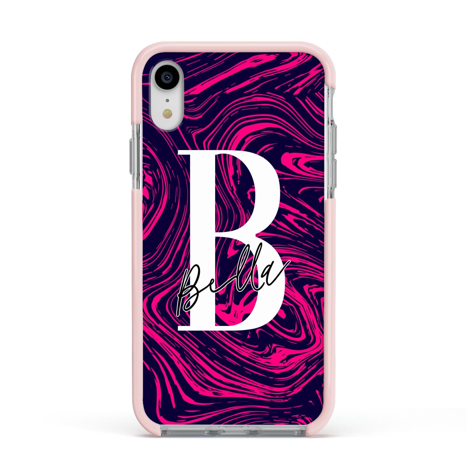 Personalised Ink Marble Apple iPhone XR Impact Case Pink Edge on Silver Phone