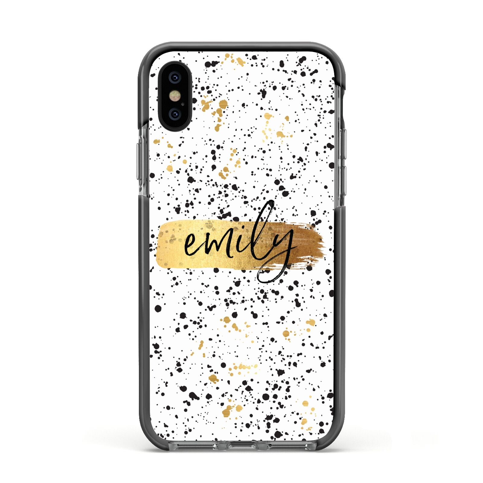 Personalised Ink Splatter Gold Apple iPhone Xs Impact Case Black Edge on Black Phone