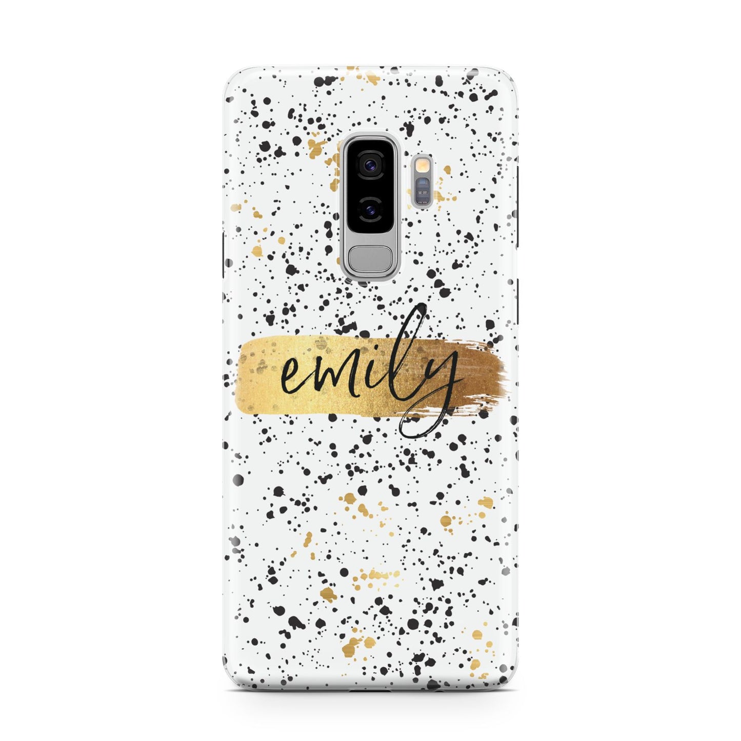 Personalised Ink Splatter Gold Samsung Galaxy S9 Plus Case on Silver phone