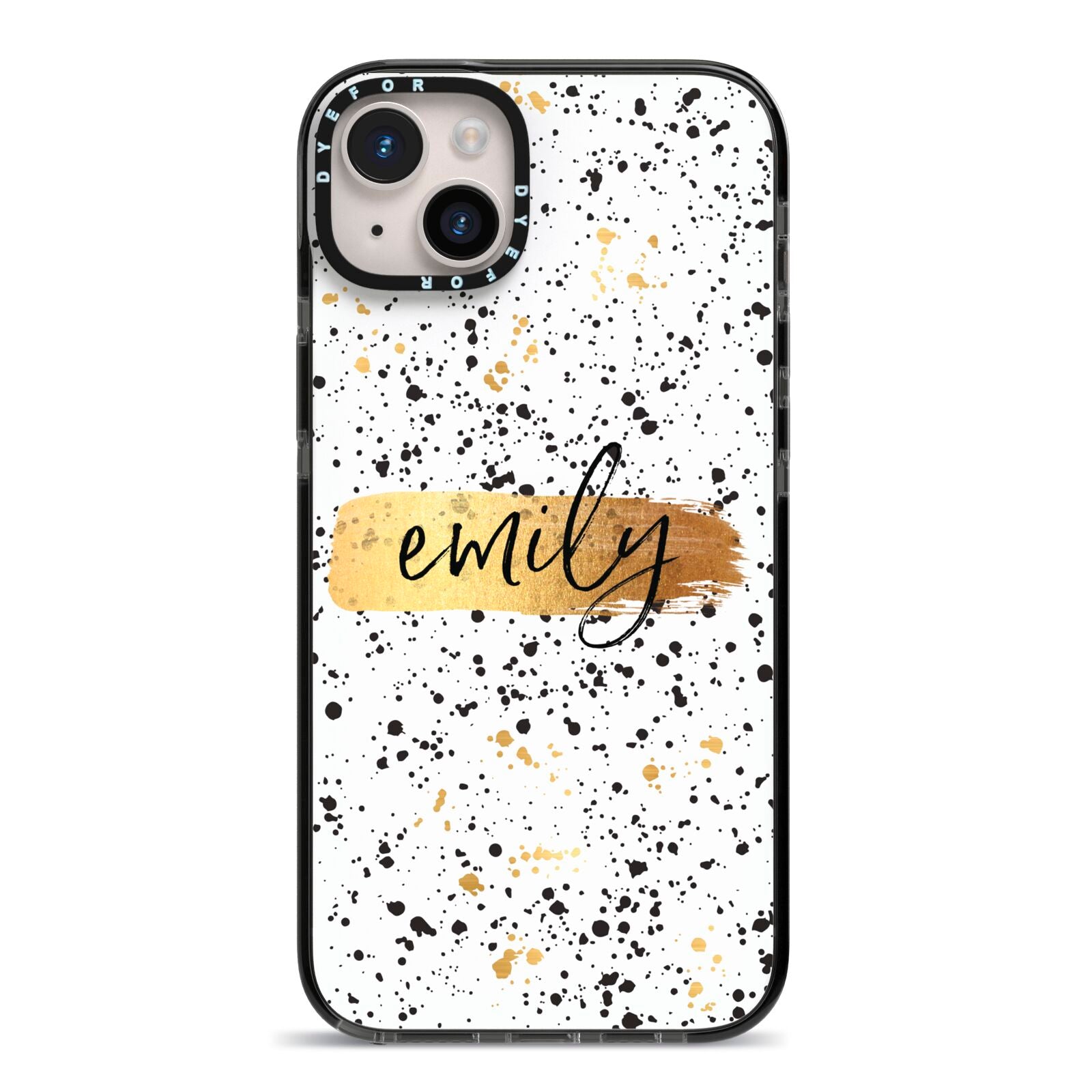 Personalised Ink Splatter Gold iPhone 14 Plus Black Impact Case on Silver phone