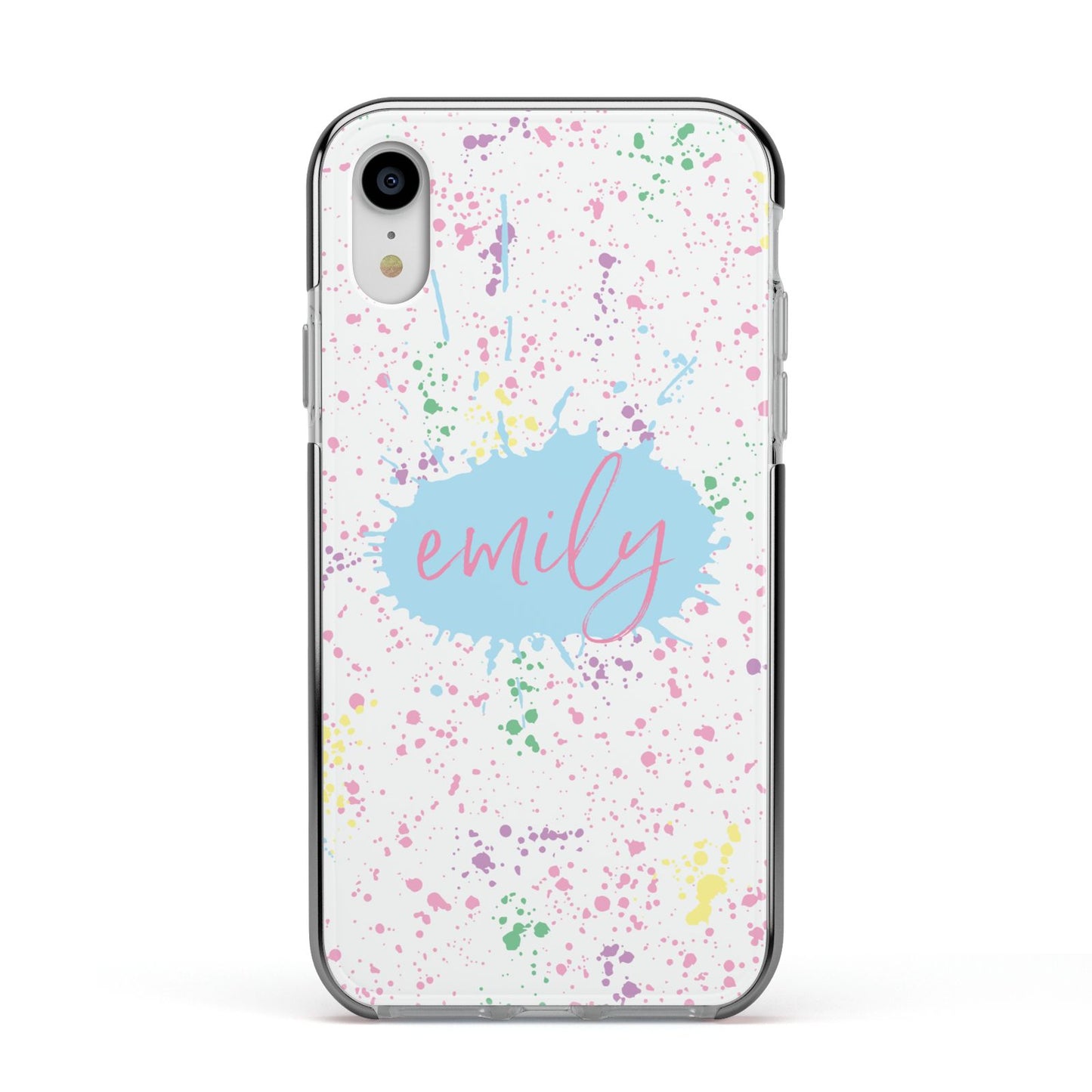 Personalised Ink Splatter Mulitcoloured Apple iPhone XR Impact Case Black Edge on Silver Phone