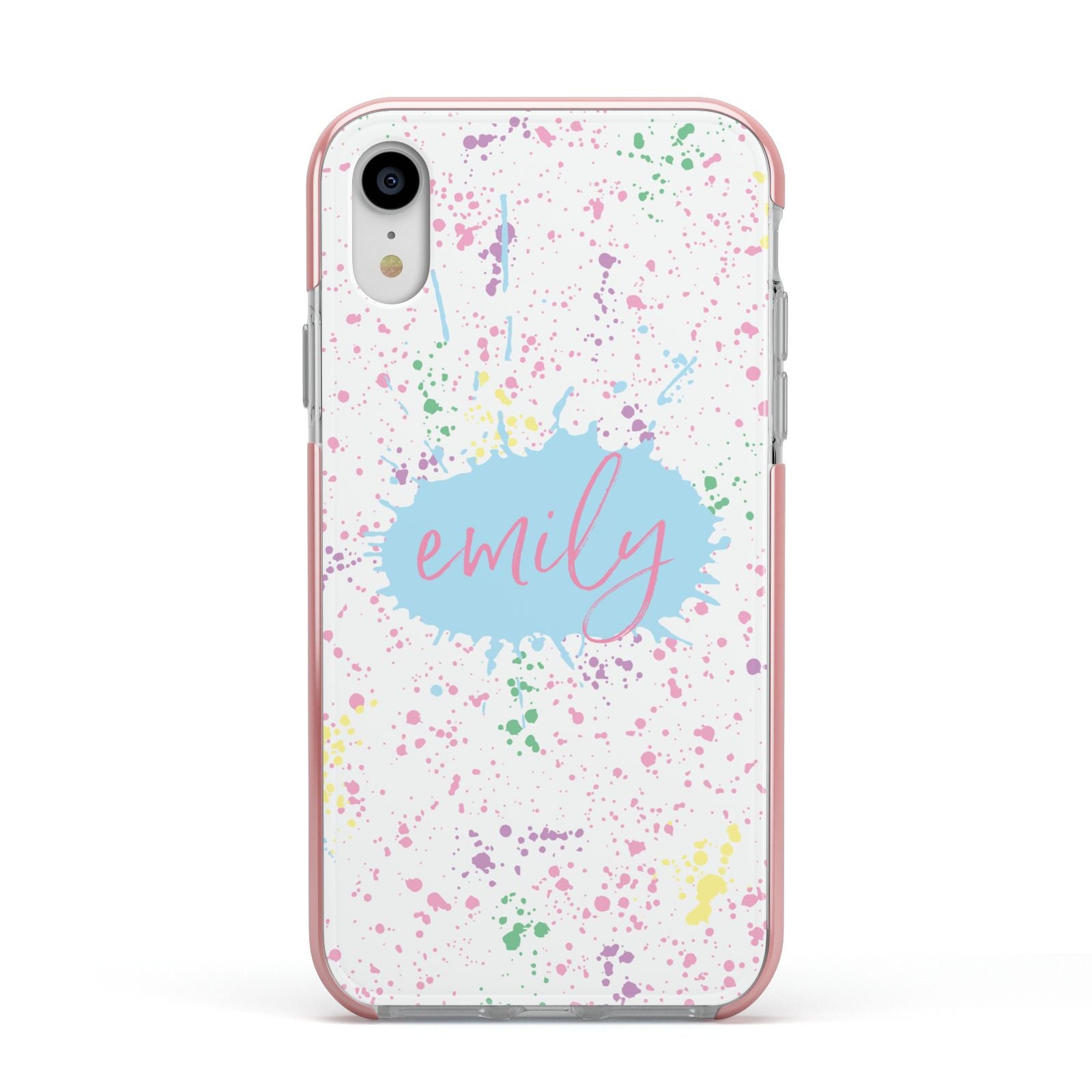 Personalised Ink Splatter Mulitcoloured Apple iPhone XR Impact Case Pink Edge on Silver Phone