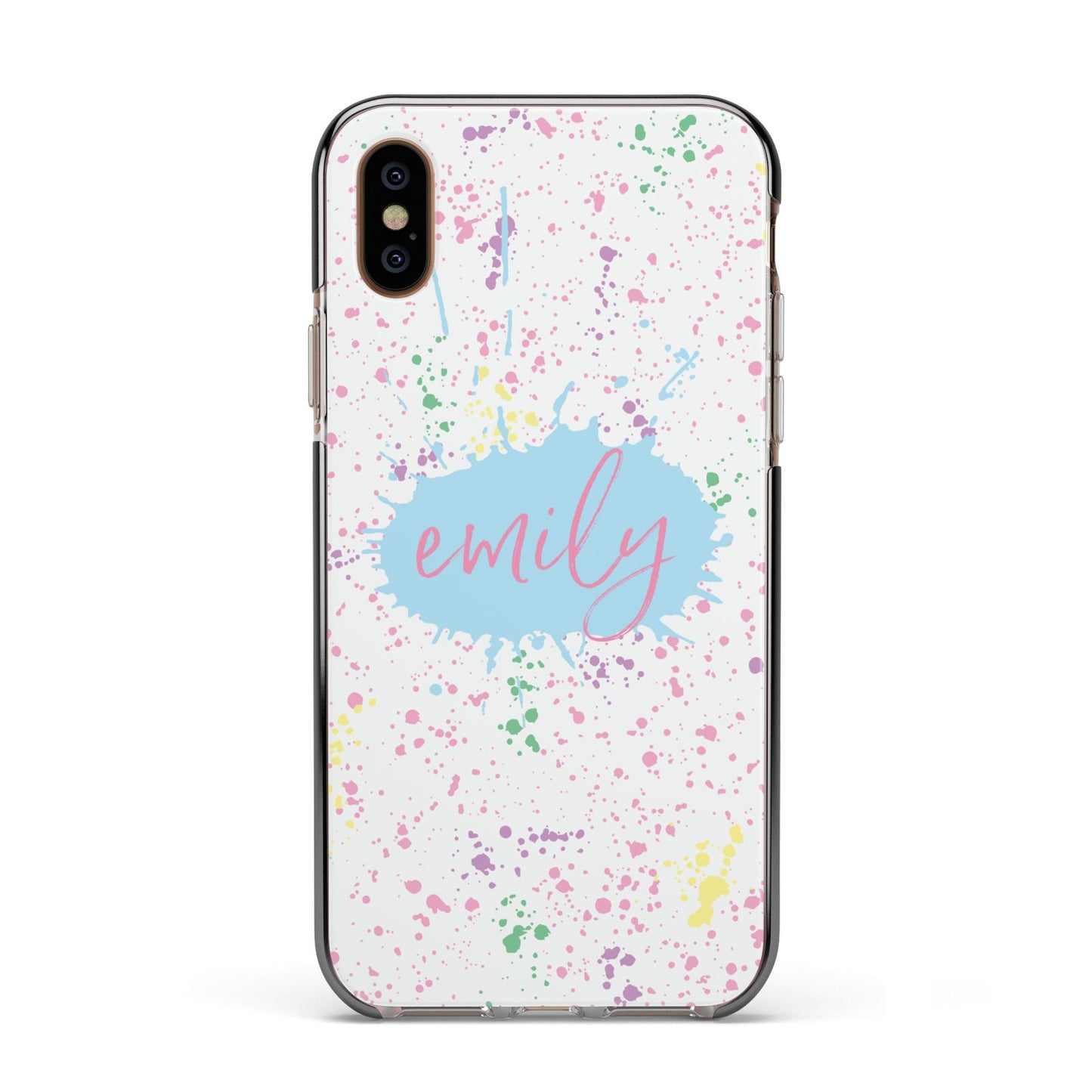 Personalised Ink Splatter Mulitcoloured Apple iPhone Xs Impact Case Black Edge on Gold Phone