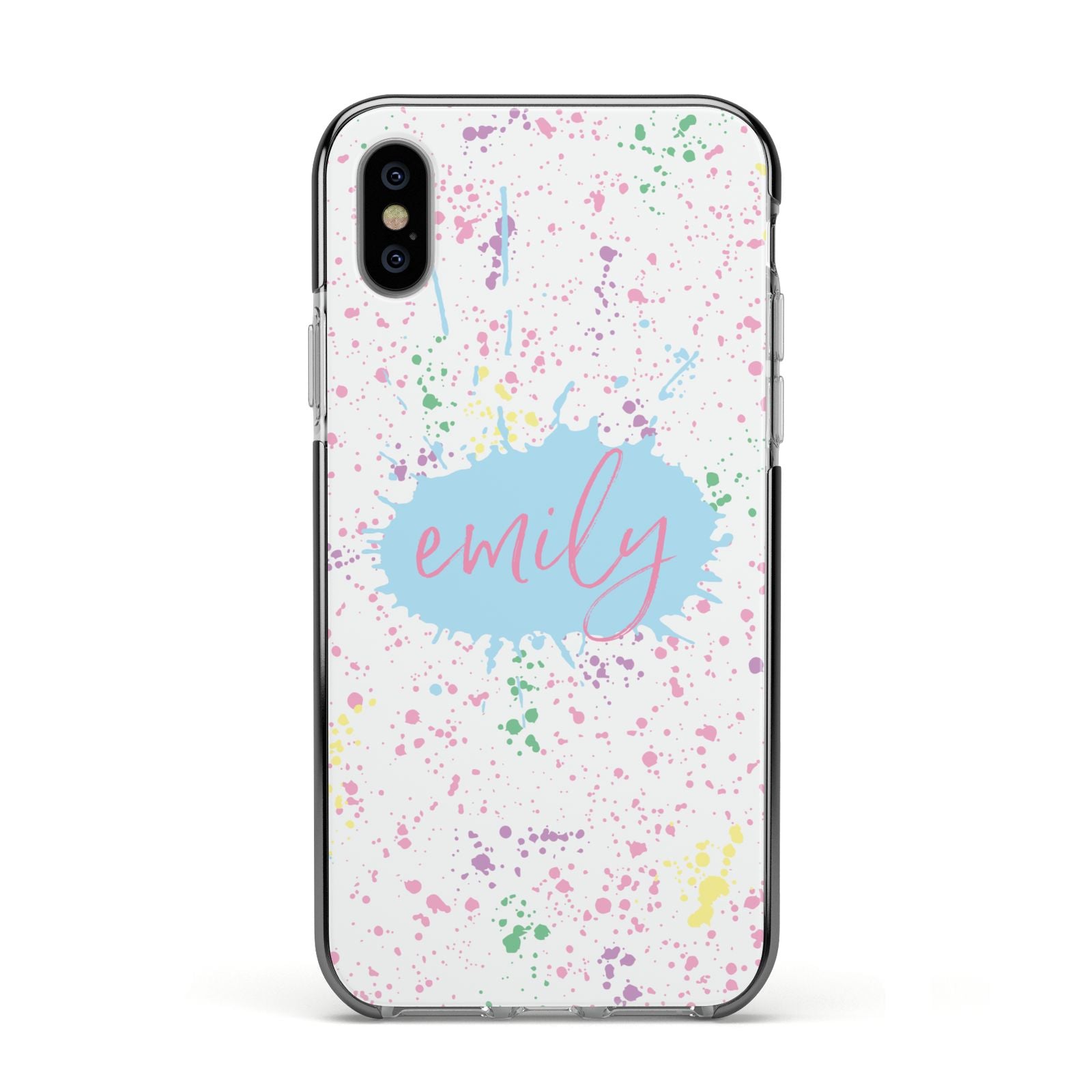 Personalised Ink Splatter Mulitcoloured Apple iPhone Xs Impact Case Black Edge on Silver Phone