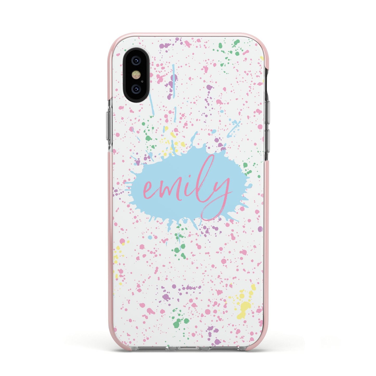 Personalised Ink Splatter Mulitcoloured Apple iPhone Xs Impact Case Pink Edge on Black Phone