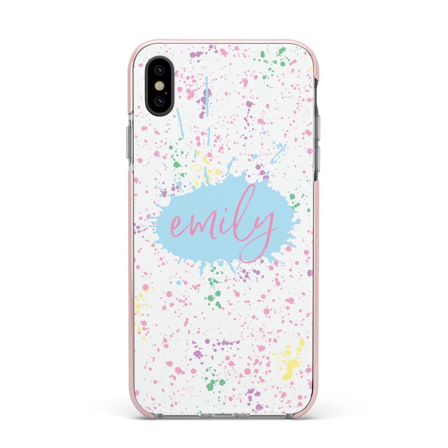 Personalised Ink Splatter Mulitcoloured Apple iPhone Xs Max Impact Case Pink Edge on Black Phone