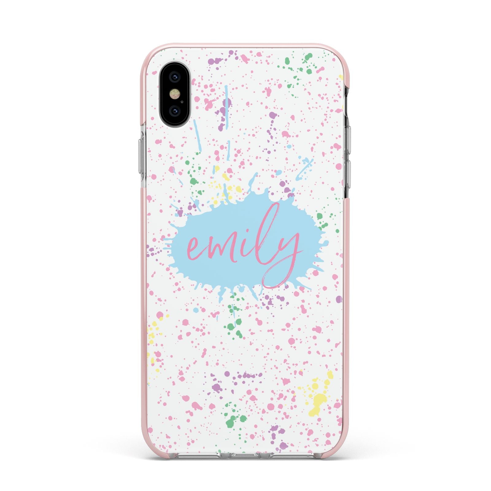 Personalised Ink Splatter Mulitcoloured Apple iPhone Xs Max Impact Case Pink Edge on Silver Phone