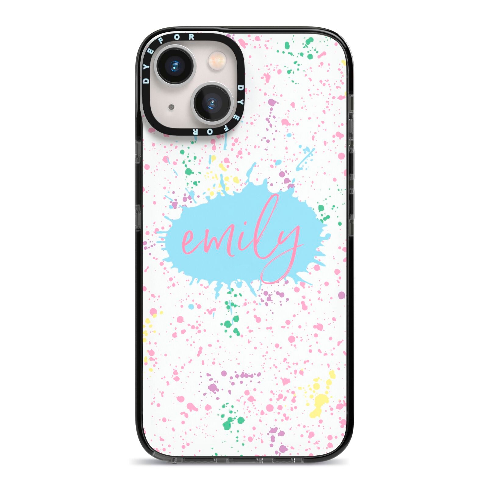 Personalised Ink Splatter Mulitcoloured iPhone 13 Black Impact Case on Silver phone