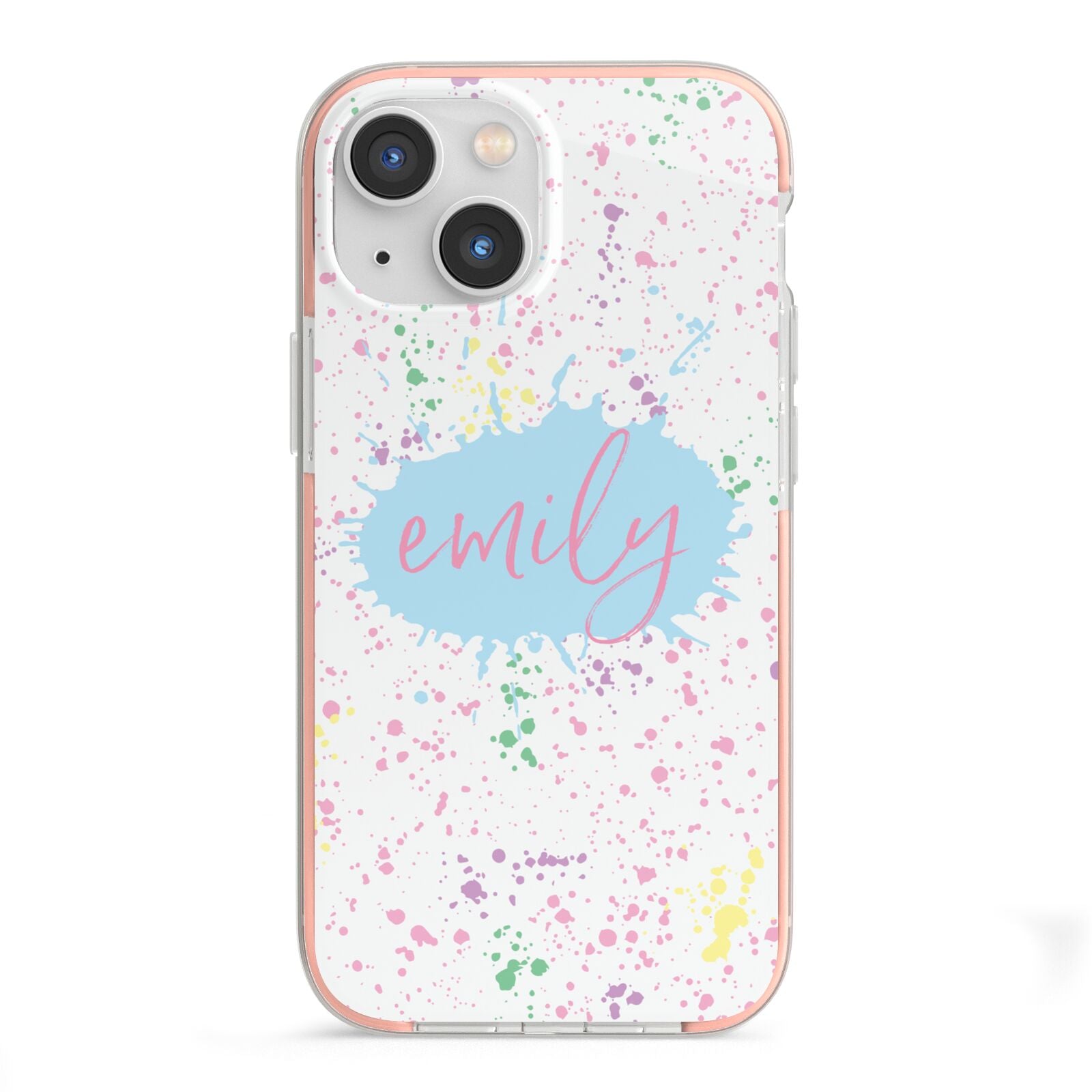 Personalised Ink Splatter Mulitcoloured iPhone 13 Mini TPU Impact Case with Pink Edges