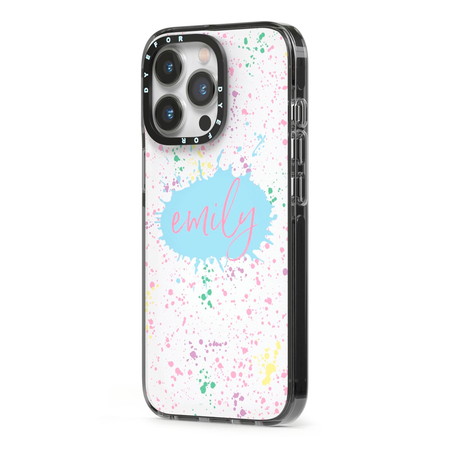 Personalised Ink Splatter Mulitcoloured iPhone 13 Pro Black Impact Case Side Angle on Silver phone