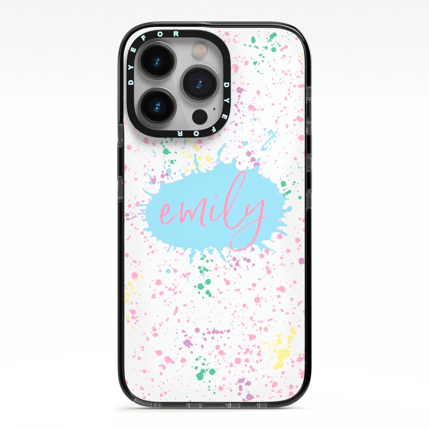 Personalised Ink Splatter Mulitcoloured iPhone 13 Pro Black Impact Case on Silver phone