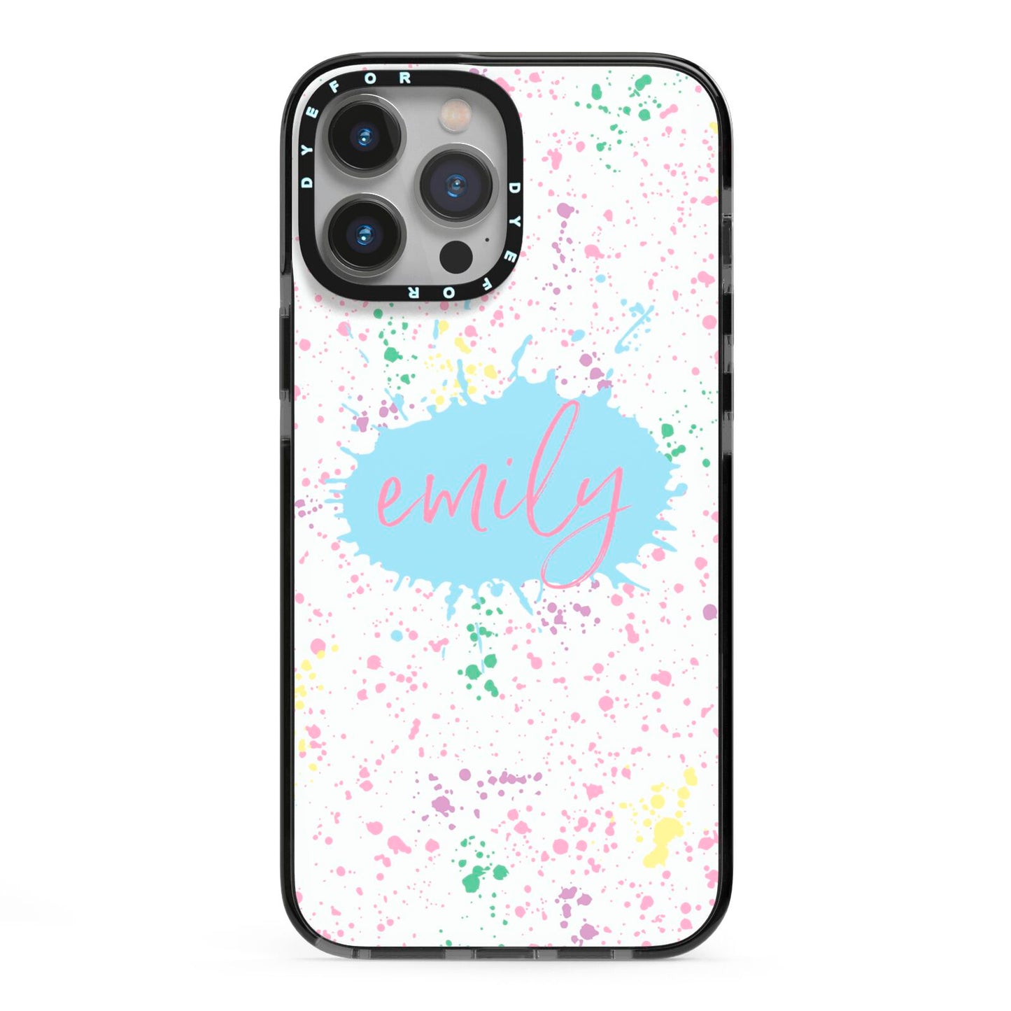 Personalised Ink Splatter Mulitcoloured iPhone 13 Pro Max Black Impact Case on Silver phone