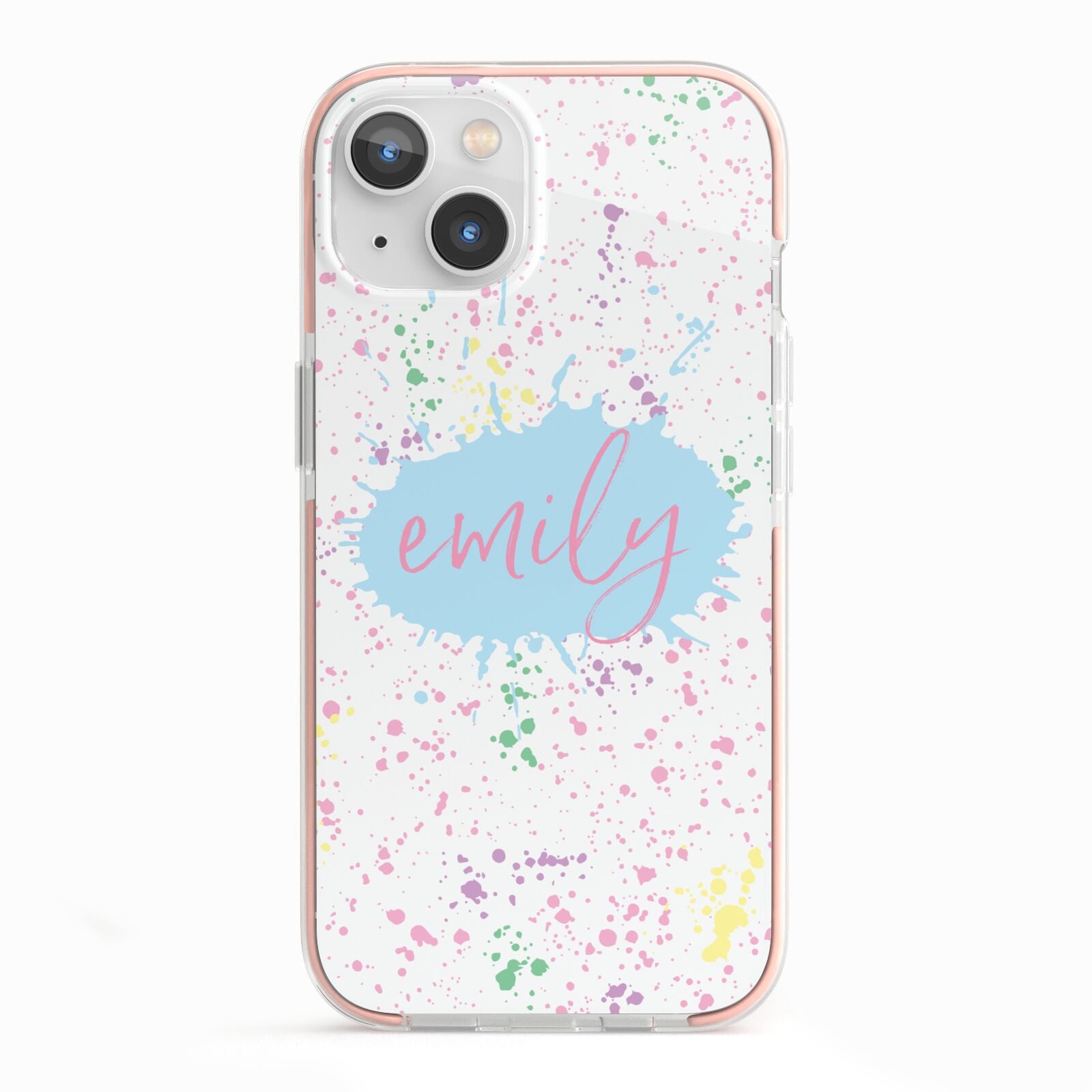 Personalised Ink Splatter Mulitcoloured iPhone 13 TPU Impact Case with Pink Edges