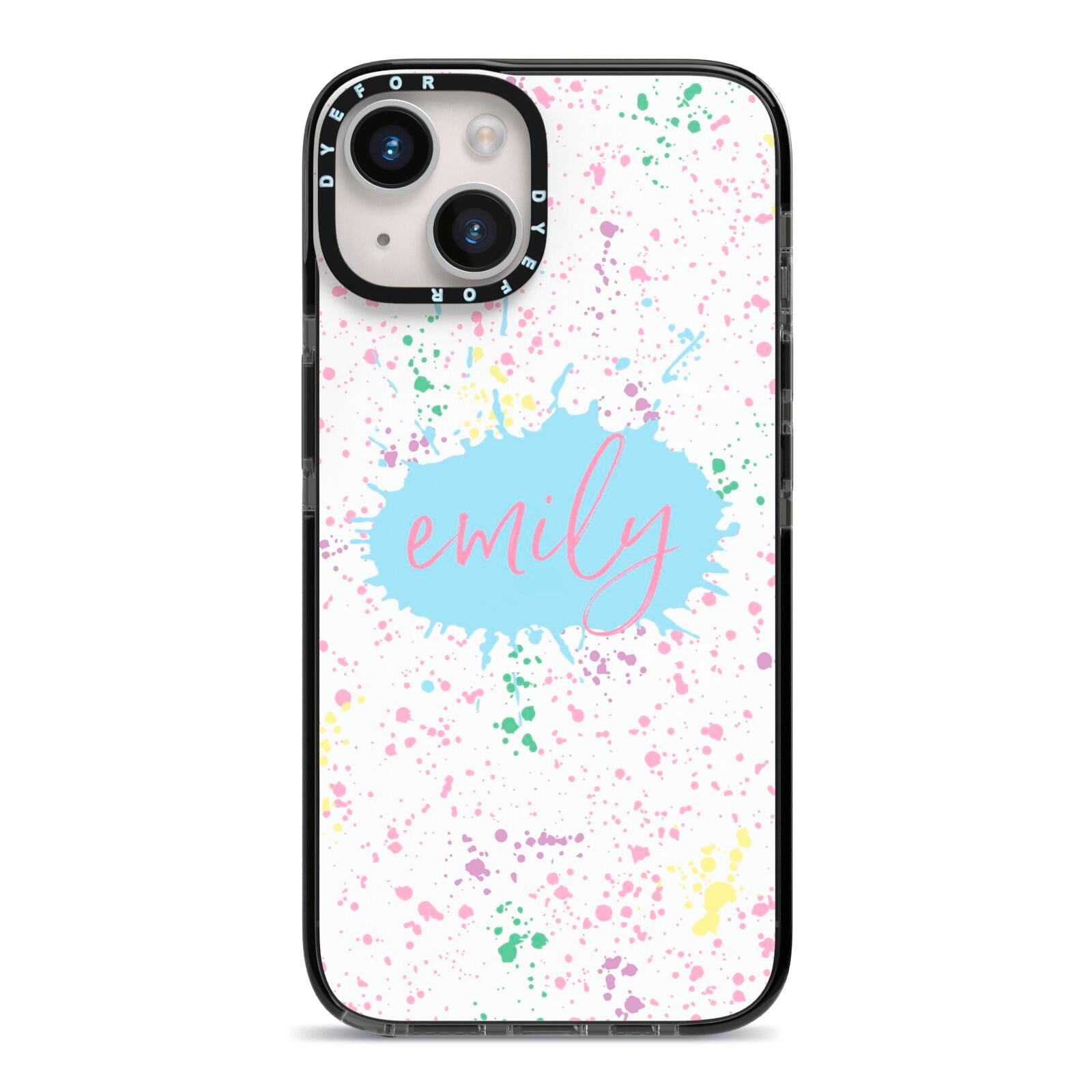 Personalised Ink Splatter Mulitcoloured iPhone 14 Black Impact Case on Silver phone