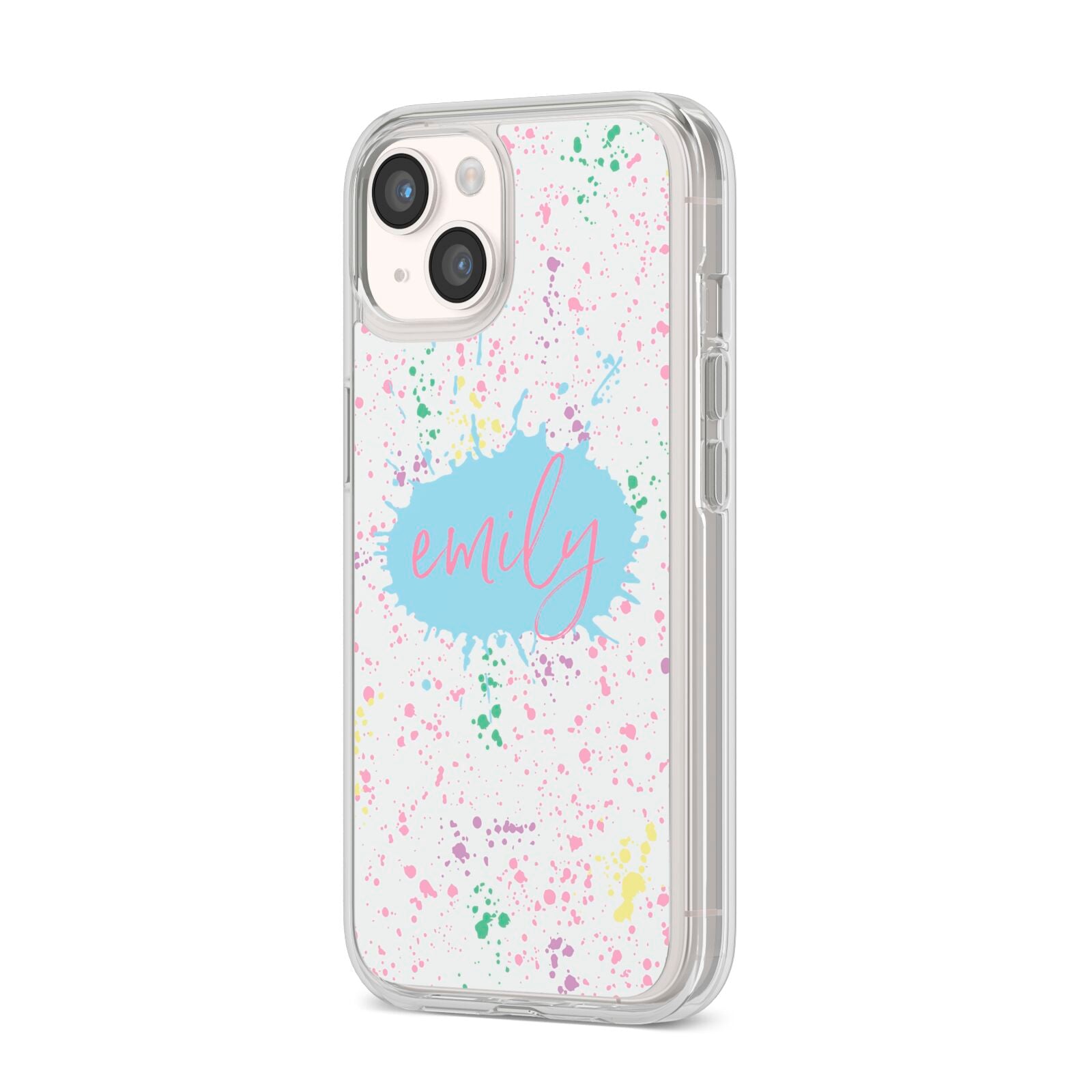 Personalised Ink Splatter Mulitcoloured iPhone 14 Clear Tough Case Starlight Angled Image