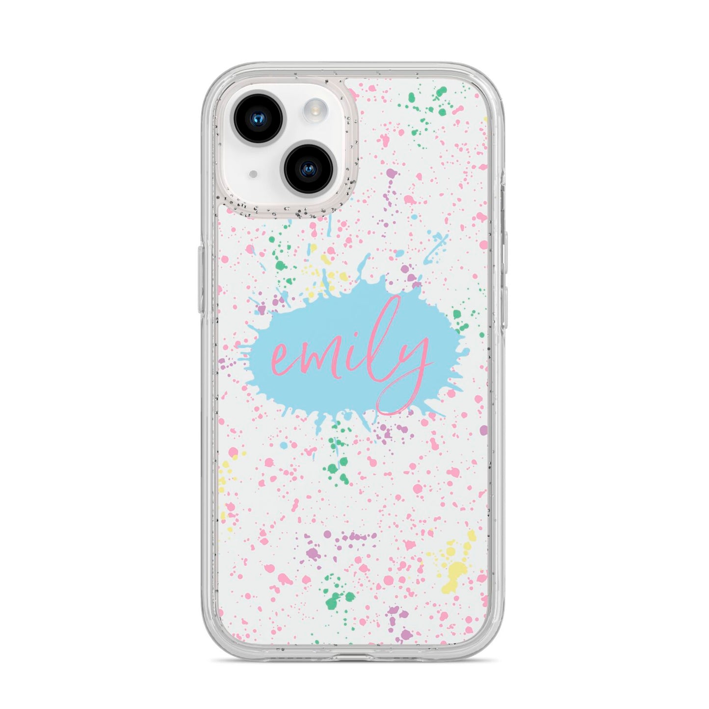 Personalised Ink Splatter Mulitcoloured iPhone 14 Glitter Tough Case Starlight