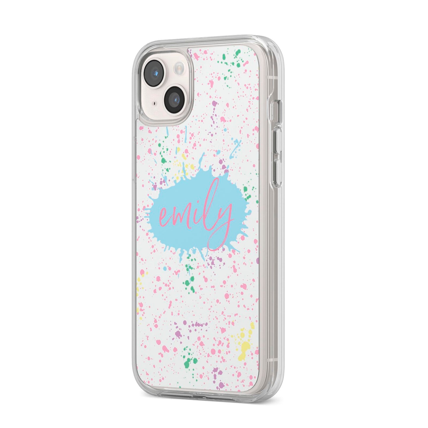 Personalised Ink Splatter Mulitcoloured iPhone 14 Plus Clear Tough Case Starlight Angled Image