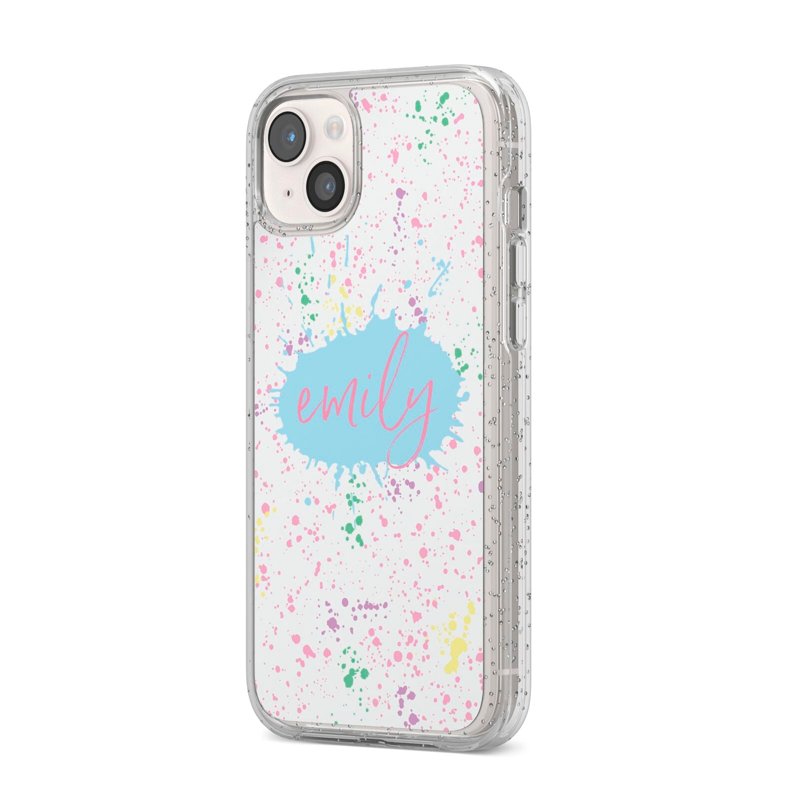 Personalised Ink Splatter Mulitcoloured iPhone 14 Plus Glitter Tough Case Starlight Angled Image