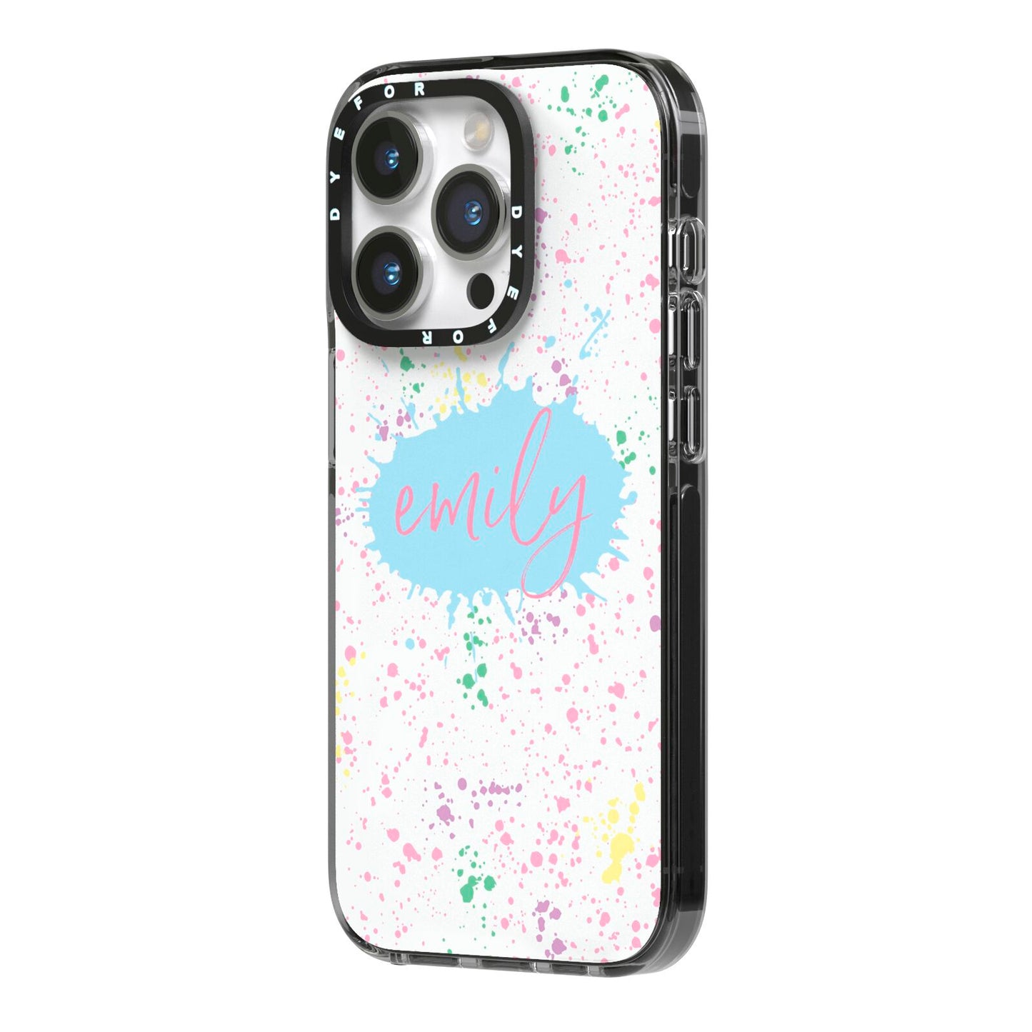 Personalised Ink Splatter Mulitcoloured iPhone 14 Pro Black Impact Case Side Angle on Silver phone