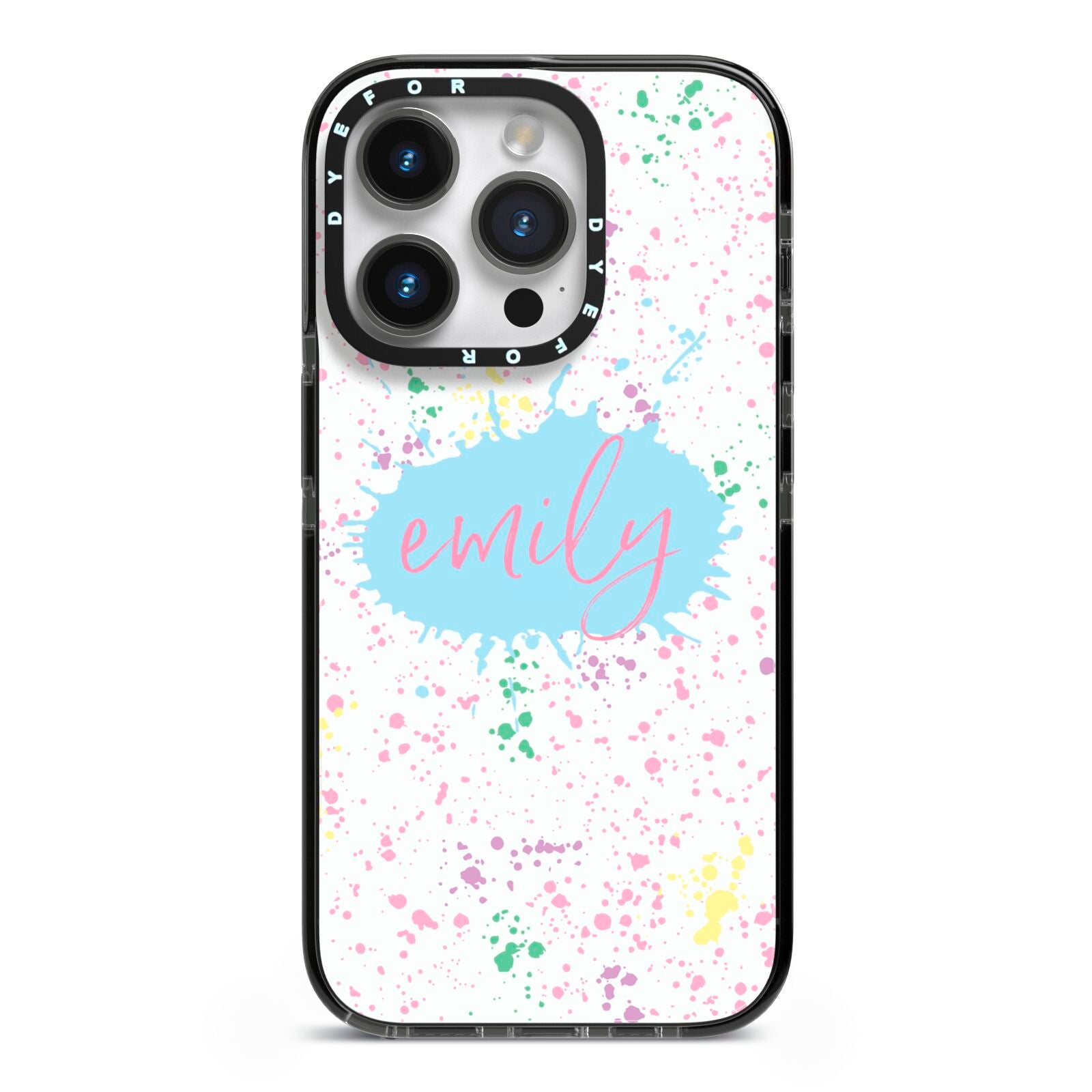 Personalised Ink Splatter Mulitcoloured iPhone 14 Pro Black Impact Case on Silver phone