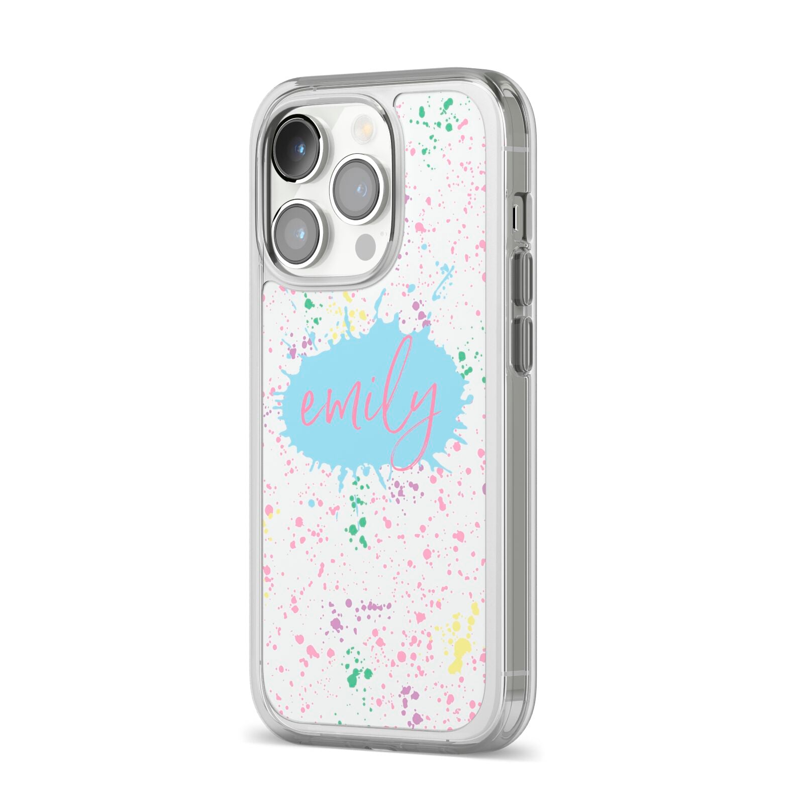 Personalised Ink Splatter Mulitcoloured iPhone 14 Pro Clear Tough Case Silver Angled Image